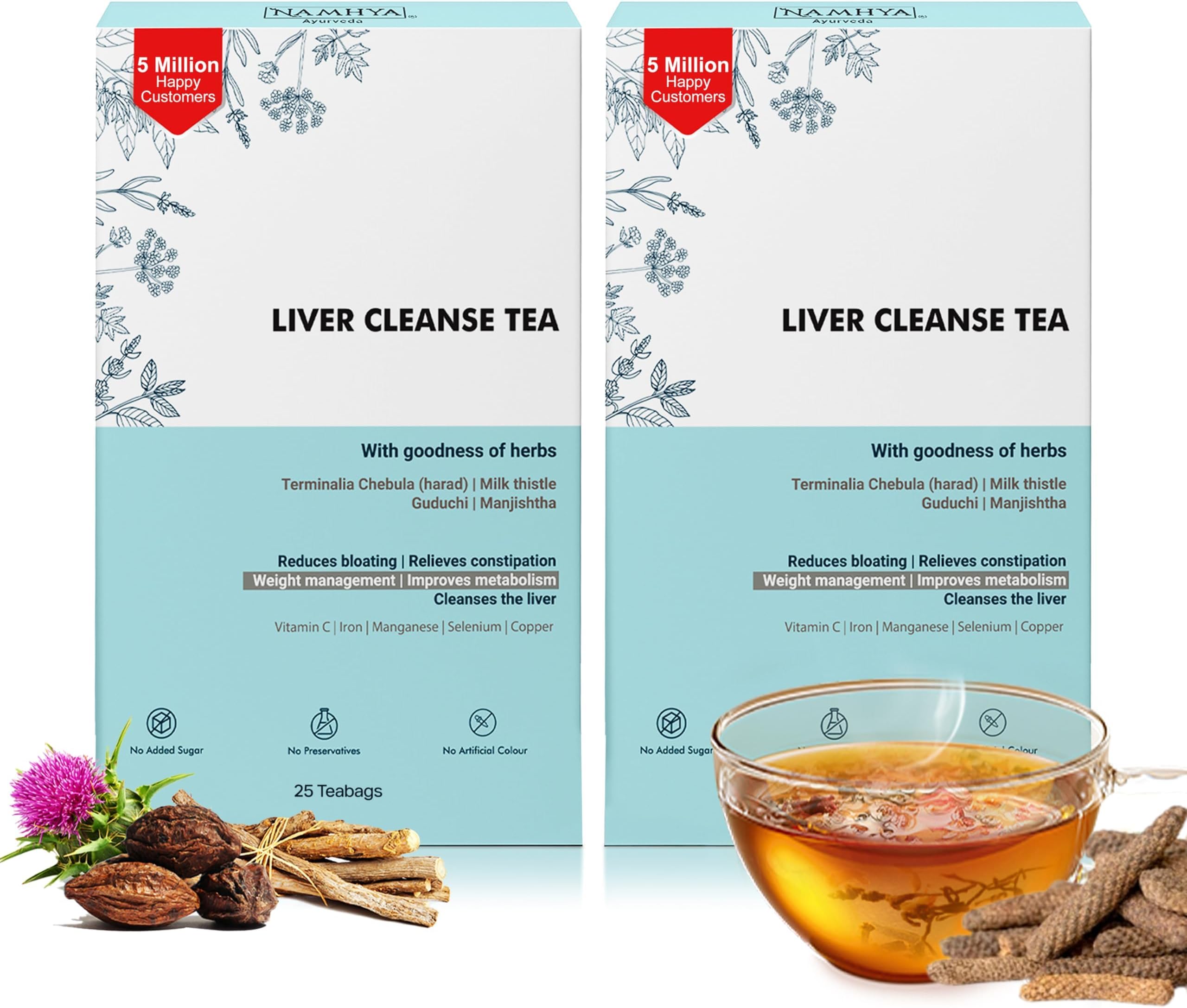 Namhya Ayurveda Liver Cleanse Tea Bags with Harad & Milk Thistle for Liver Health and Wellness - Detox Tea Supports Digestion, Metabolism & Immunity - Herbal Tea Bags for Constipation - Pack of 25