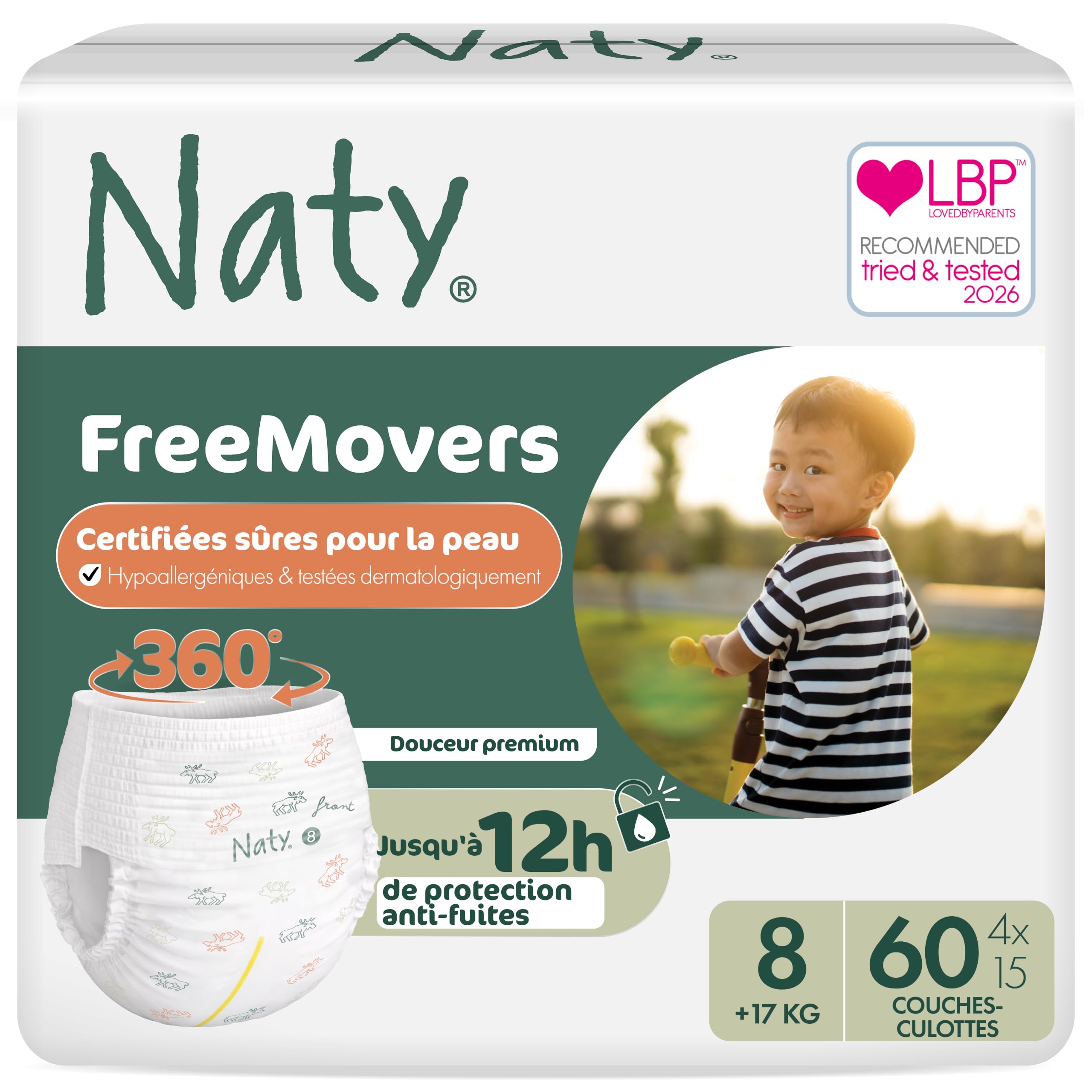 Naty FreeMovers Couches-Culottes, Taille 8 (17+ kg), 60 unités | Pour Peaux Sensibles, Pants Hypoallergéniques, Absorbantes, Protection Anti-Fuites jusqu'à 12h, Sans Parfum, Confort Stretch