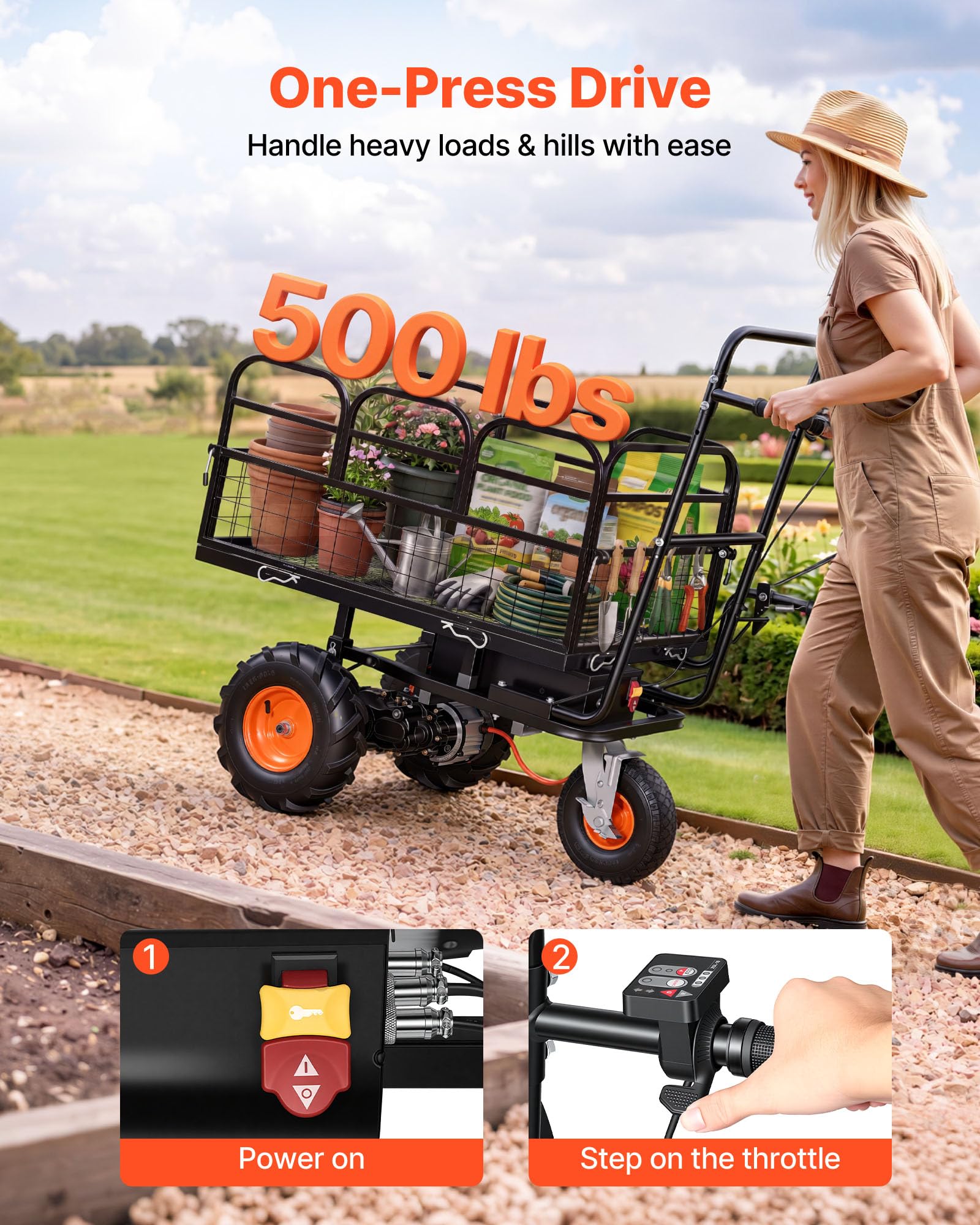 VEVOR Carrello Elettrico da Giardino, Carriola a Batteria da 36 V 432 Wh, 500 W con Freno, in Acciaio Portata 226 kg, con Pianale di Carico Modulare Multiuso, per Fattoria e Cortile Trasporto Oggetti