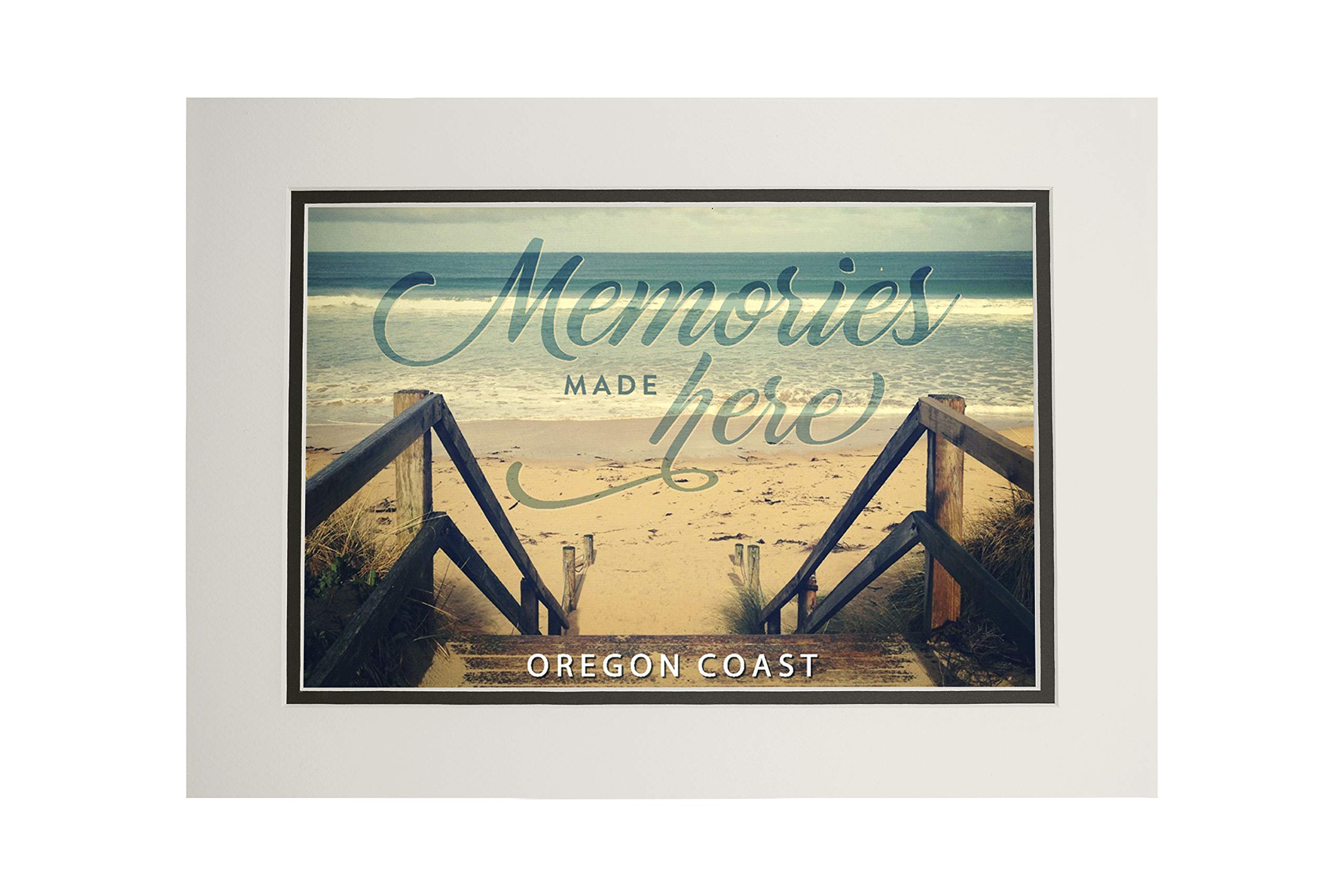Oregon Coast, Memories Made Here, Sandy Stairs and Beach 110056 (11x14 Double-Matted Art Print, Wall Decor Ready to Frame)