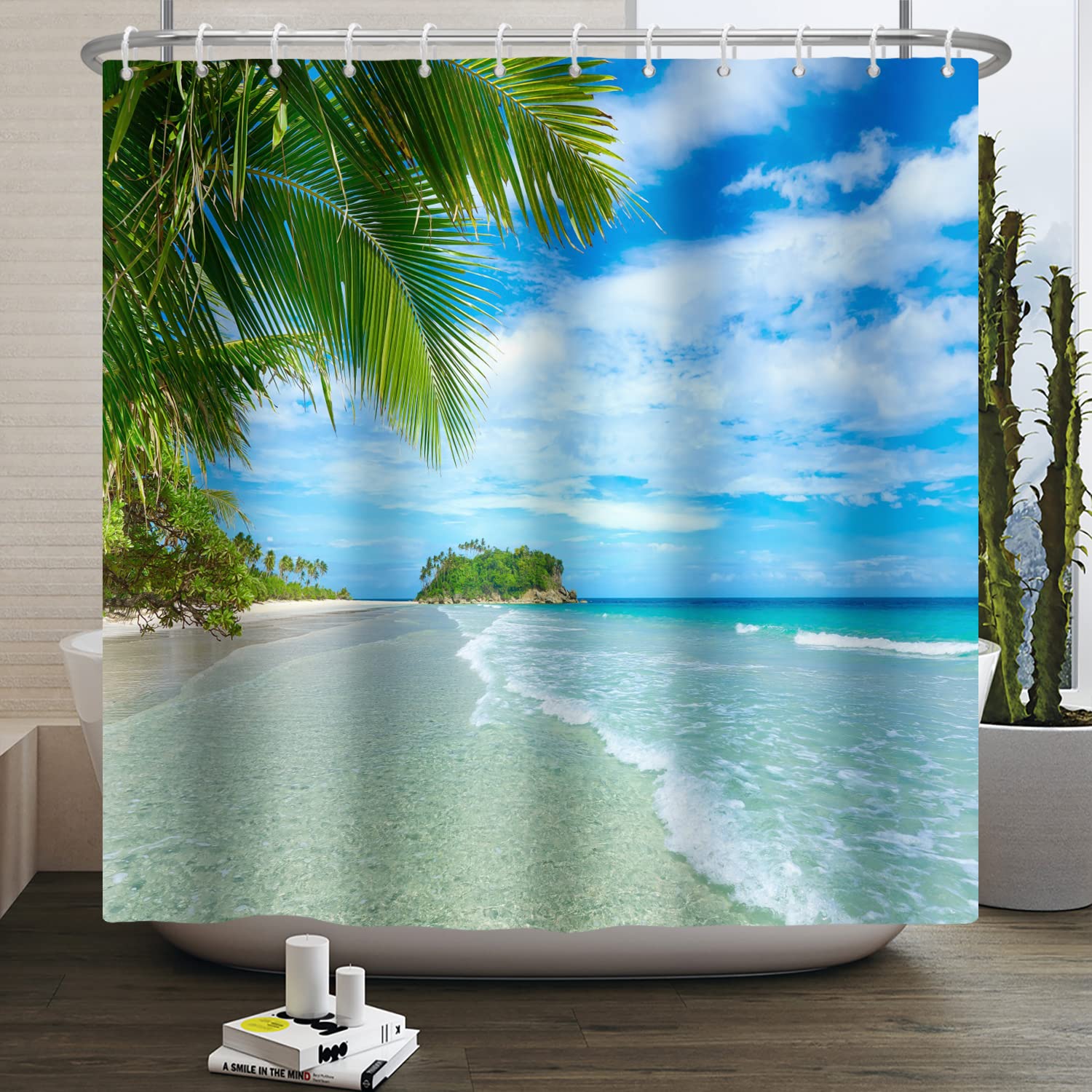 SDOTPMT 90x180cm Ocean Beach Shower Curtain Blue Sky Tropical Sunshine Sand Sea Wave Plam Trees Bath Curtain Beautiful Seaside Scene Fabric Waterproof Polyester Bathroom Curtain with Hooks