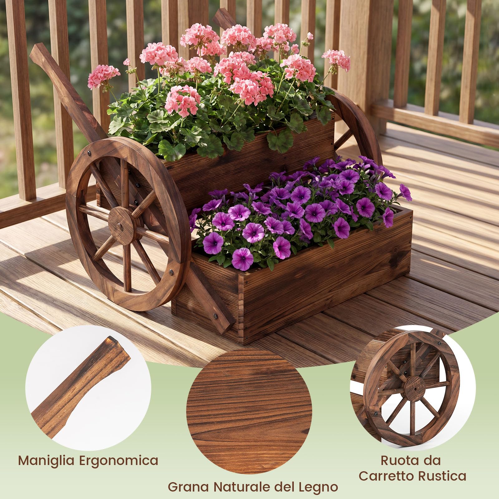 COSTWAY Fioriera Rialzata a 2 Livelli, Carretto di Legno con Fori di Drenaggio, Semi-Ruote e Guanti, per Verdure, Erbe Aromatiche, Fioriera da Interno ed Esterno per Patio, Giardino e Balcone
