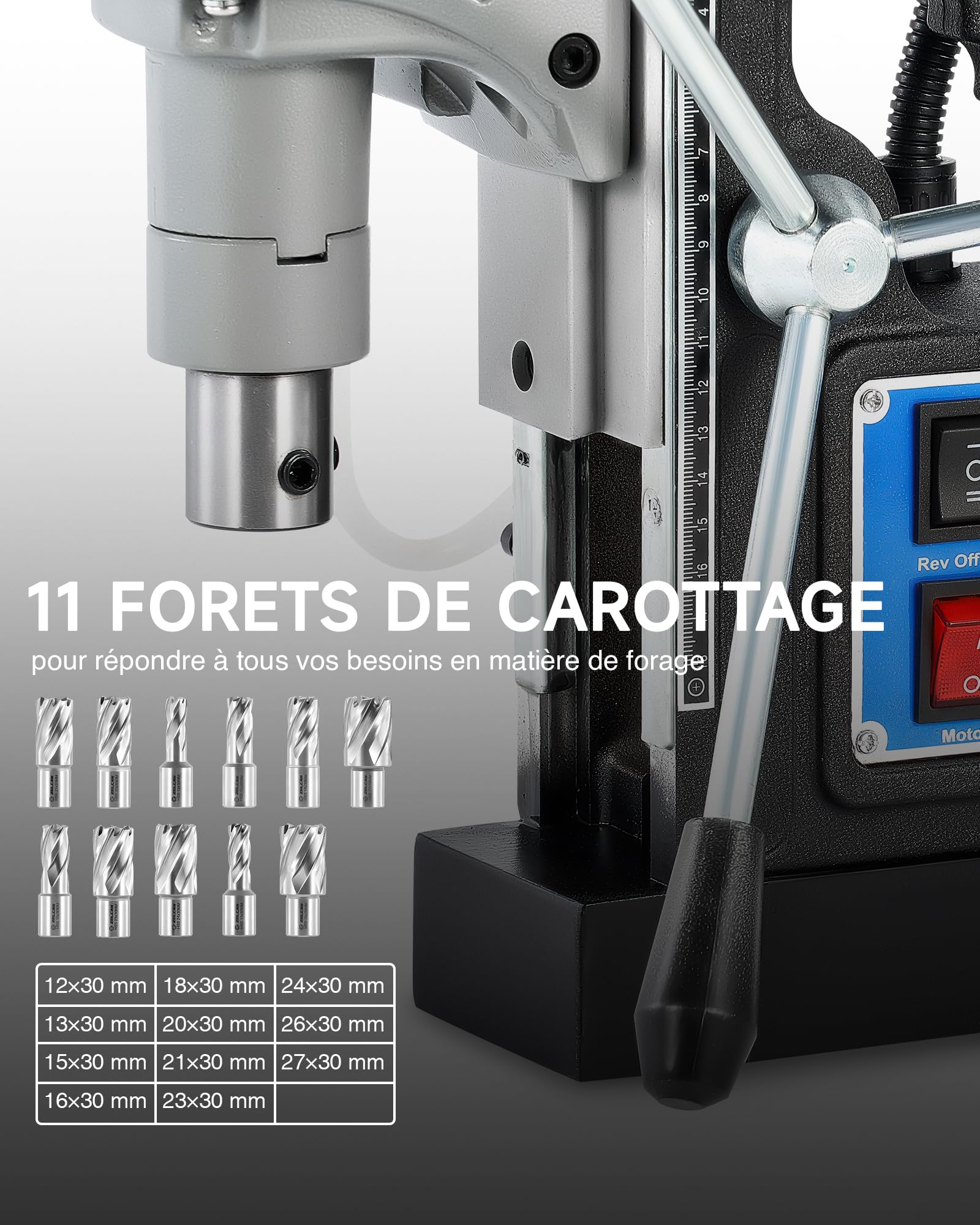 ZELCAN Perceuse Magnétique, Perceuse à Colonne Électrique Portable Max. Diamètre d'Alésage 50mm Max. Profondeur d'Alésage 50mm, 13000N avec 11 Forets