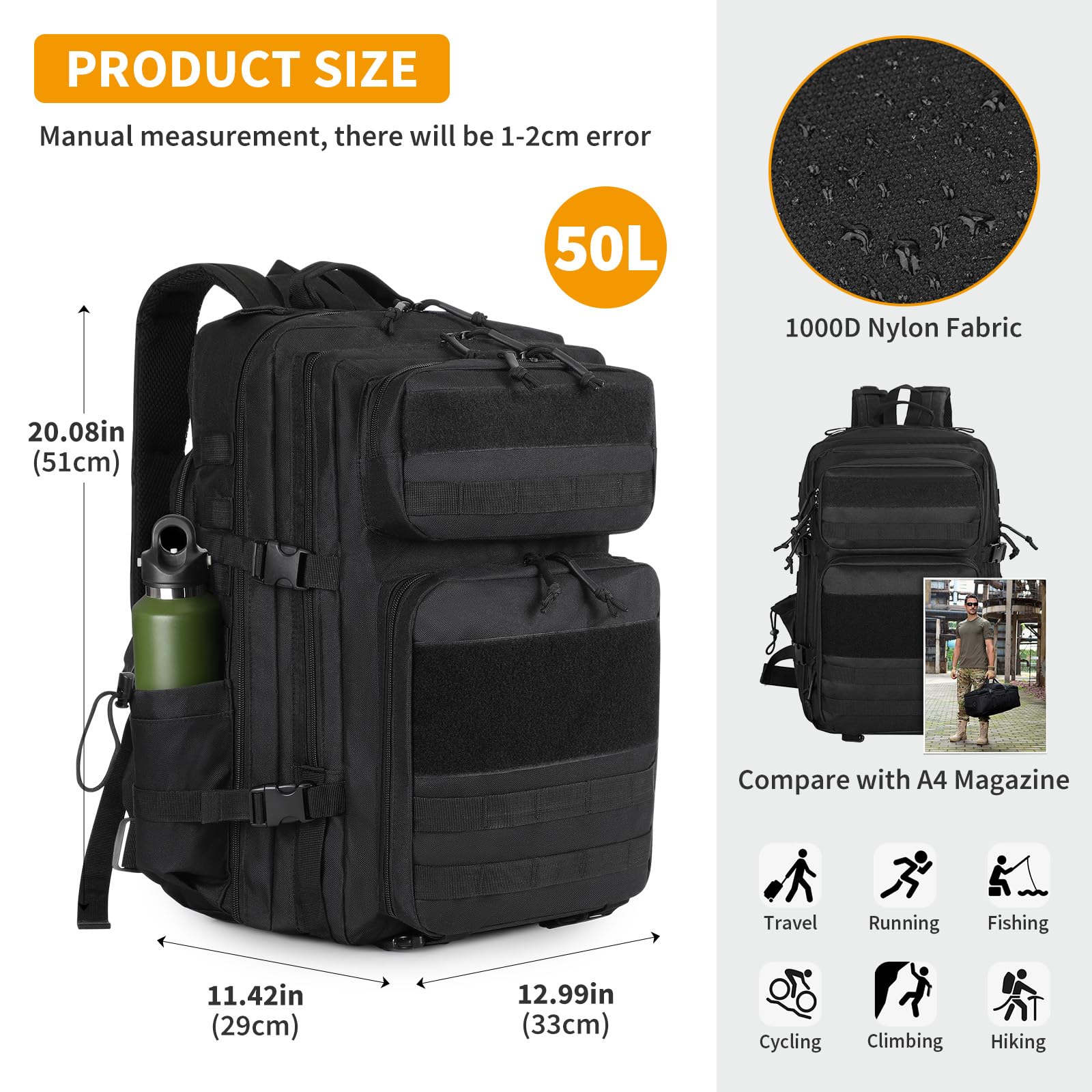 HUNTVP 50L Zaino Militare con Scomparto per Scarpe Zaino Tattico Molle Impermeabile per Sport Escursionismo Campeggio, nero