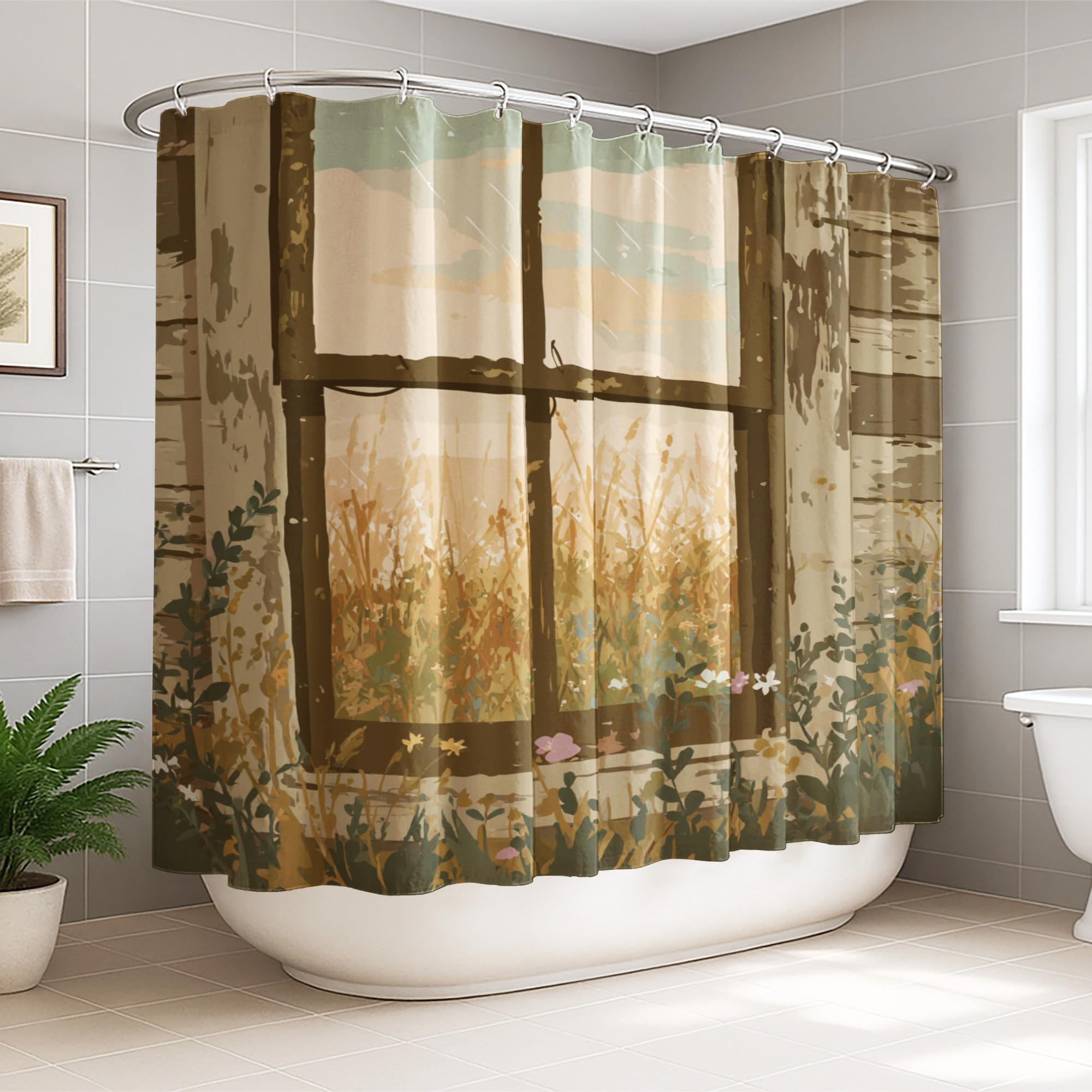 Rideau de douche extra large 274x183 cm marron en polyester style rustique pour salle de bain