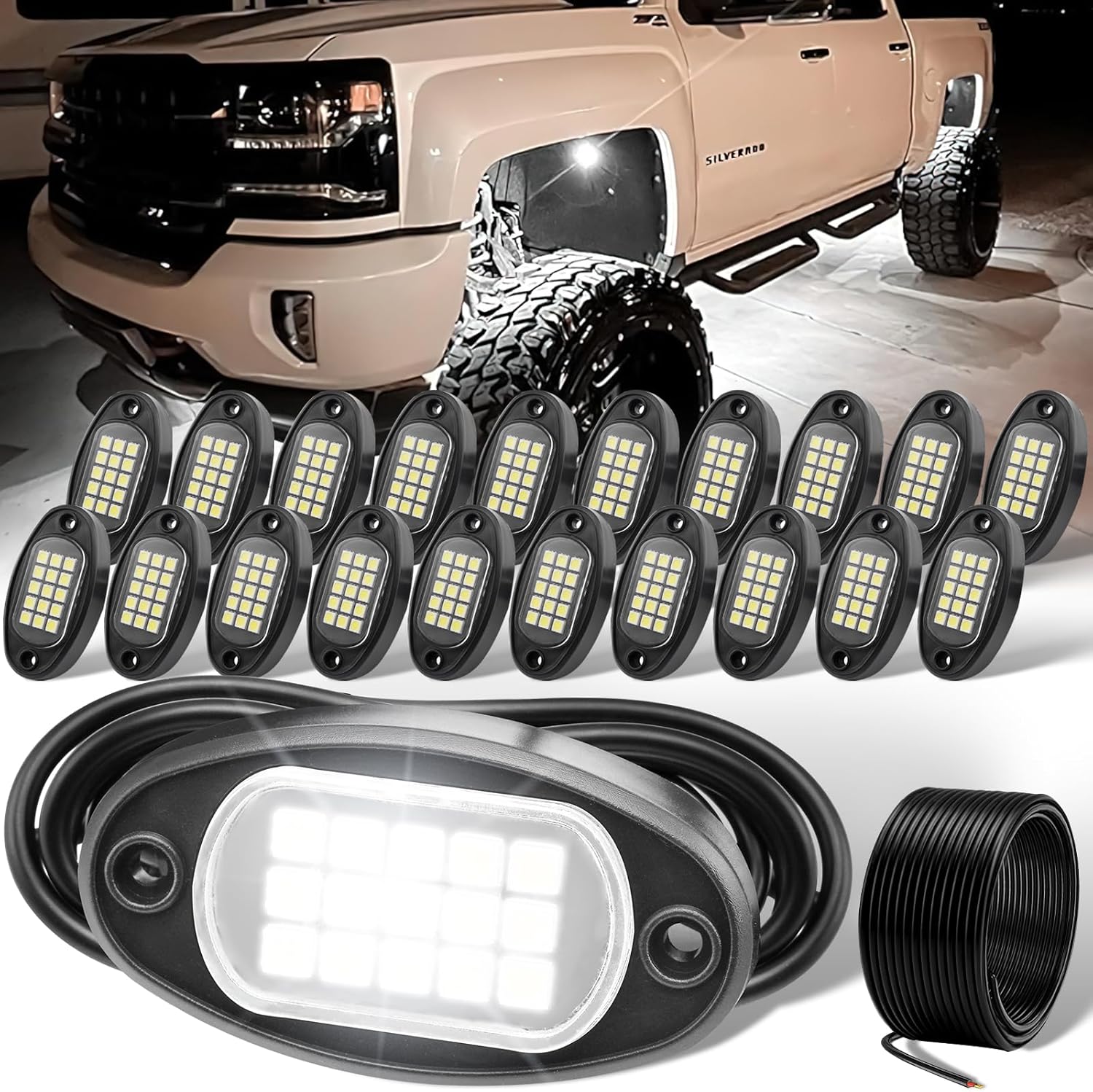 YONEDA 20 Pods White Rock Lights 6000K Ultra Bright LED Neon Underglow Lights IP68 Waterproof for Trucks SUV UTV ATV RZR Car Boats Pickup Motorcycle with 39.37in Extension Wire