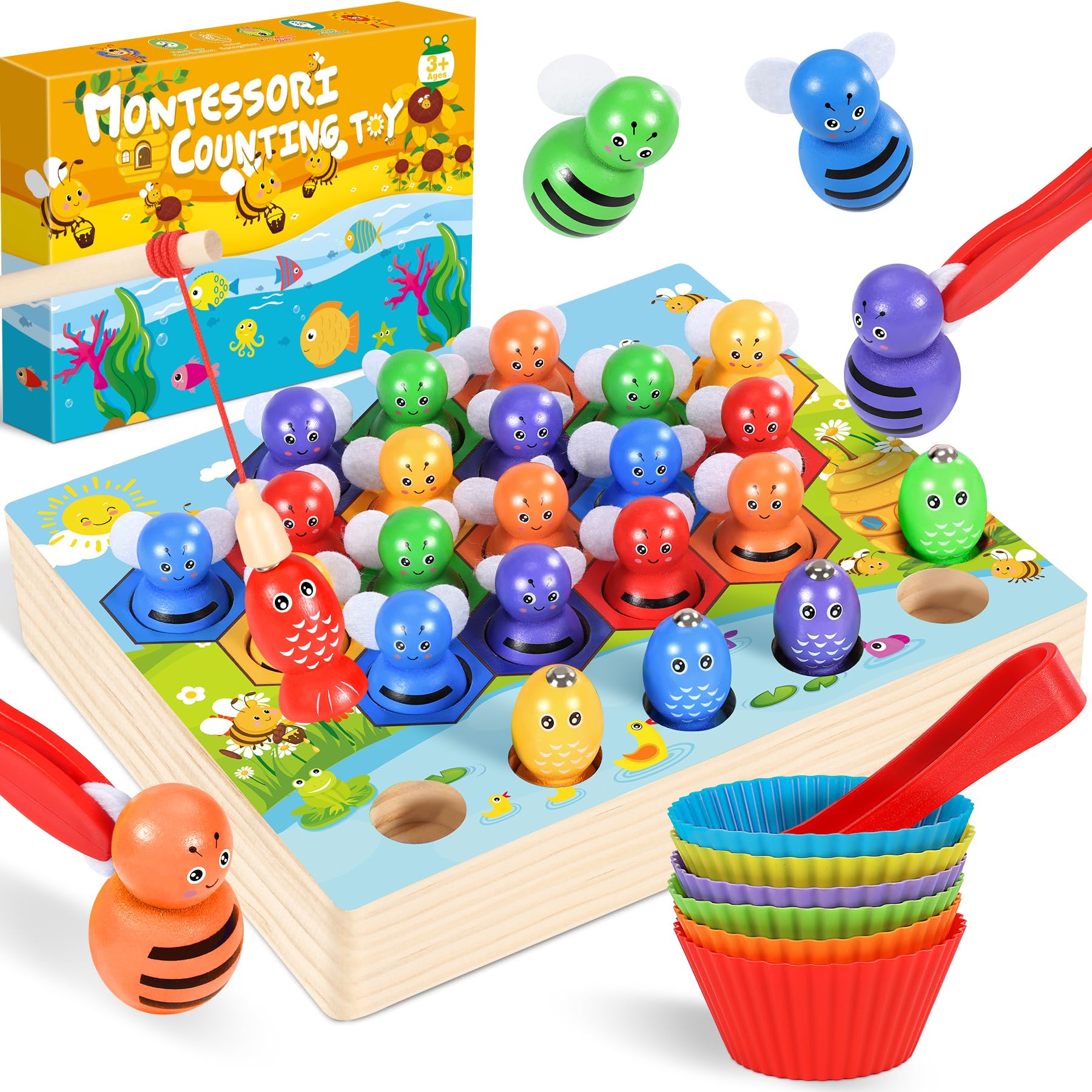 OphyMontessori Counting Toys - Rainbow Counting Bees with Matching Bowl for 3+ Year Old Boy Girls 3 in 1 Sorting Toys for Toddlers Magnetic Fishing Game Wooden Educational ToyGlobal Recycled StandardGlobal Recycled StandardGlobal Recycled Standard