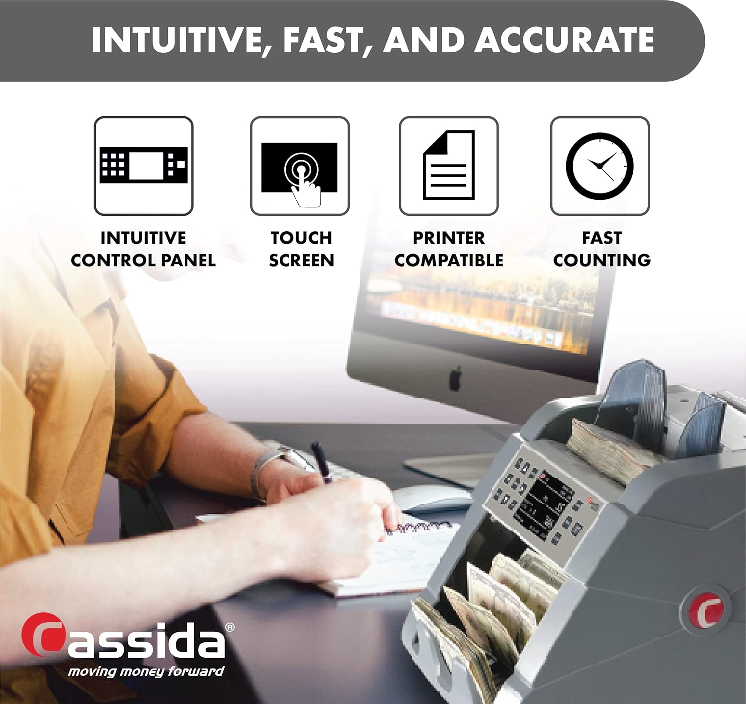Cassida 8800R USA Premium Bank-Grade Mixed Denomination Money Counter Machine, Advanced Counterfeit Detection, Multi-Currency, 3-Year Warranty, Includes External Display, Printing Enabled : Office Products