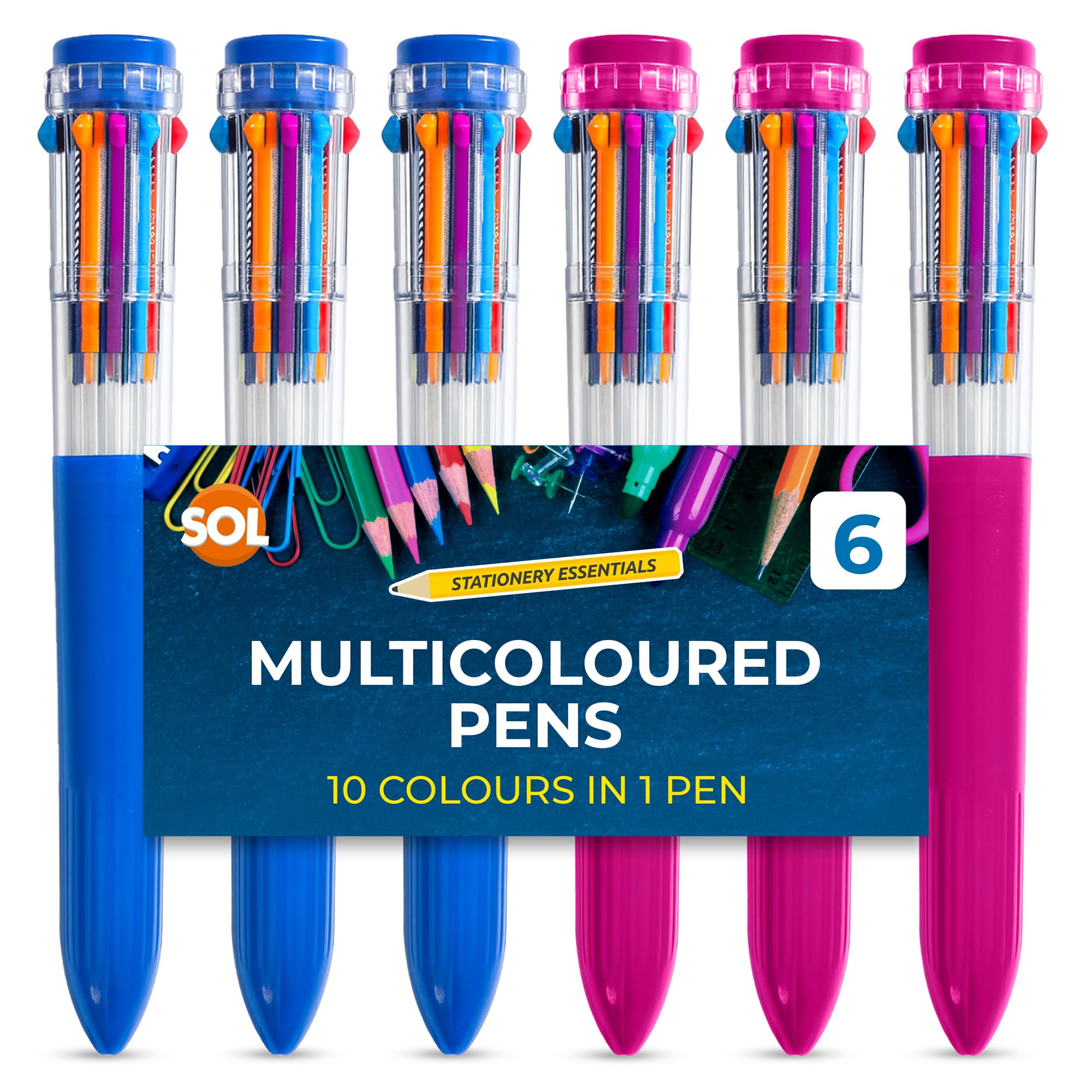 SOL 6pk Multicoloured Pens, 10-in-1 Retractable Multi Coloured Pens All in One, Vivid Ink Ballpoint Pens for School & Office, Switchable Biros Ideal for Writing, Drawing & Creative Projects