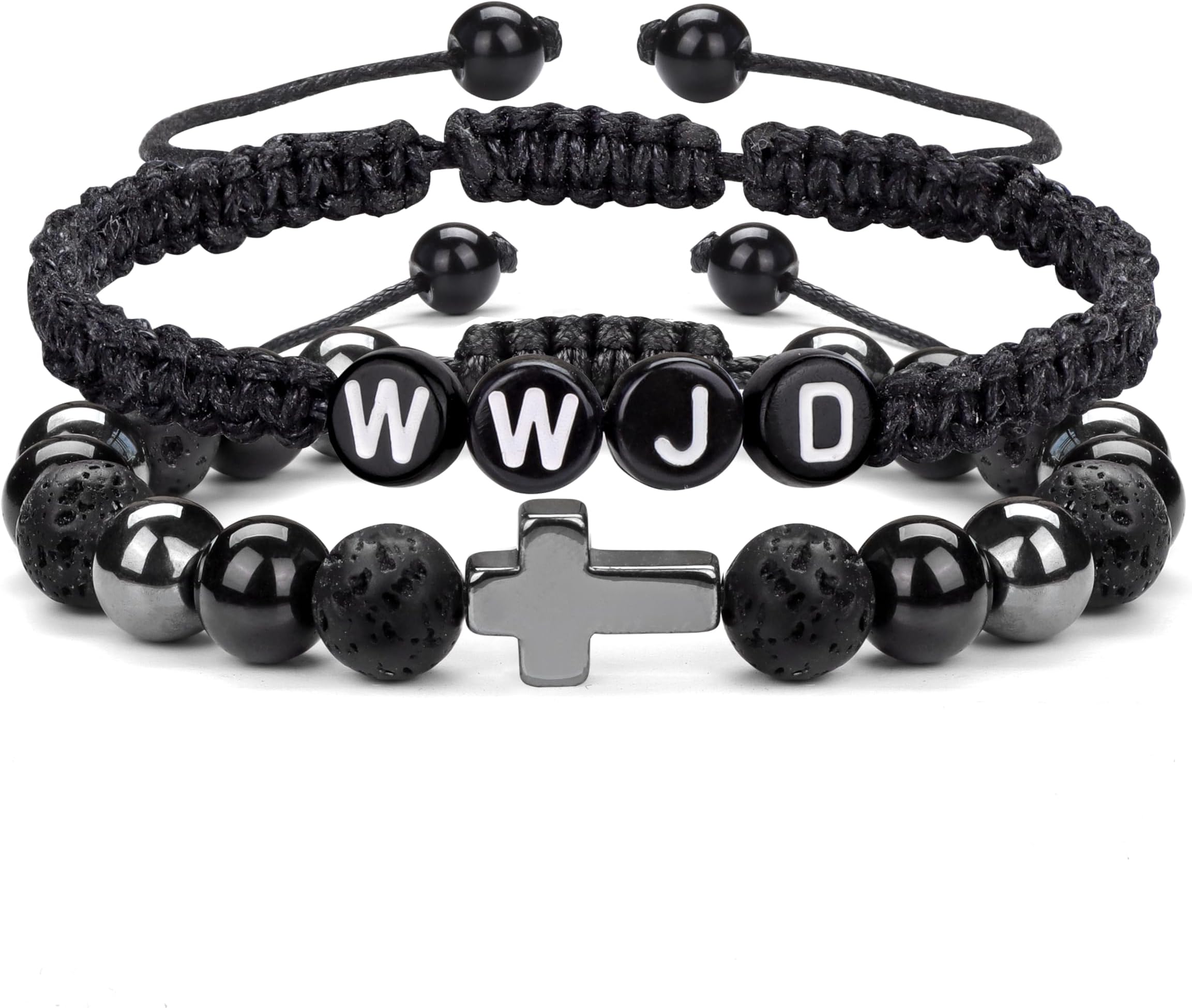 Cross Beaded Bracelets for Men Christian Catholic Adjustable 8mm Obsidian Hematite Lava Rock Beads Bracelet Set Father's Day Birthday Gifts
