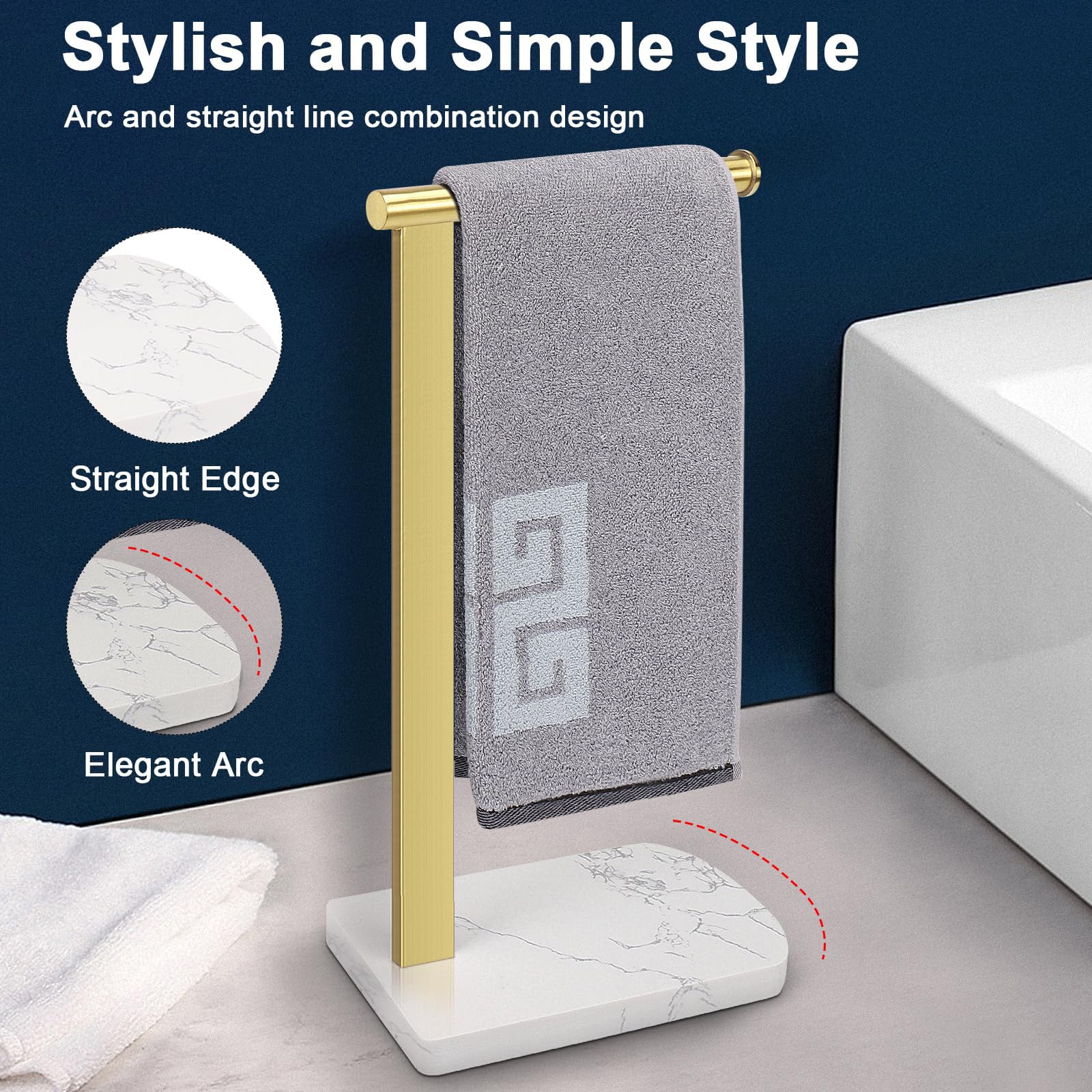 NearMoon Toallero de Mano con Base de mármol equilibrada, Soporte de Acero Inoxidable 304 en Forma de L, toallero de pie con aro para baño, Cocina o encimera (Barra Simple, Dorado Cepillado)