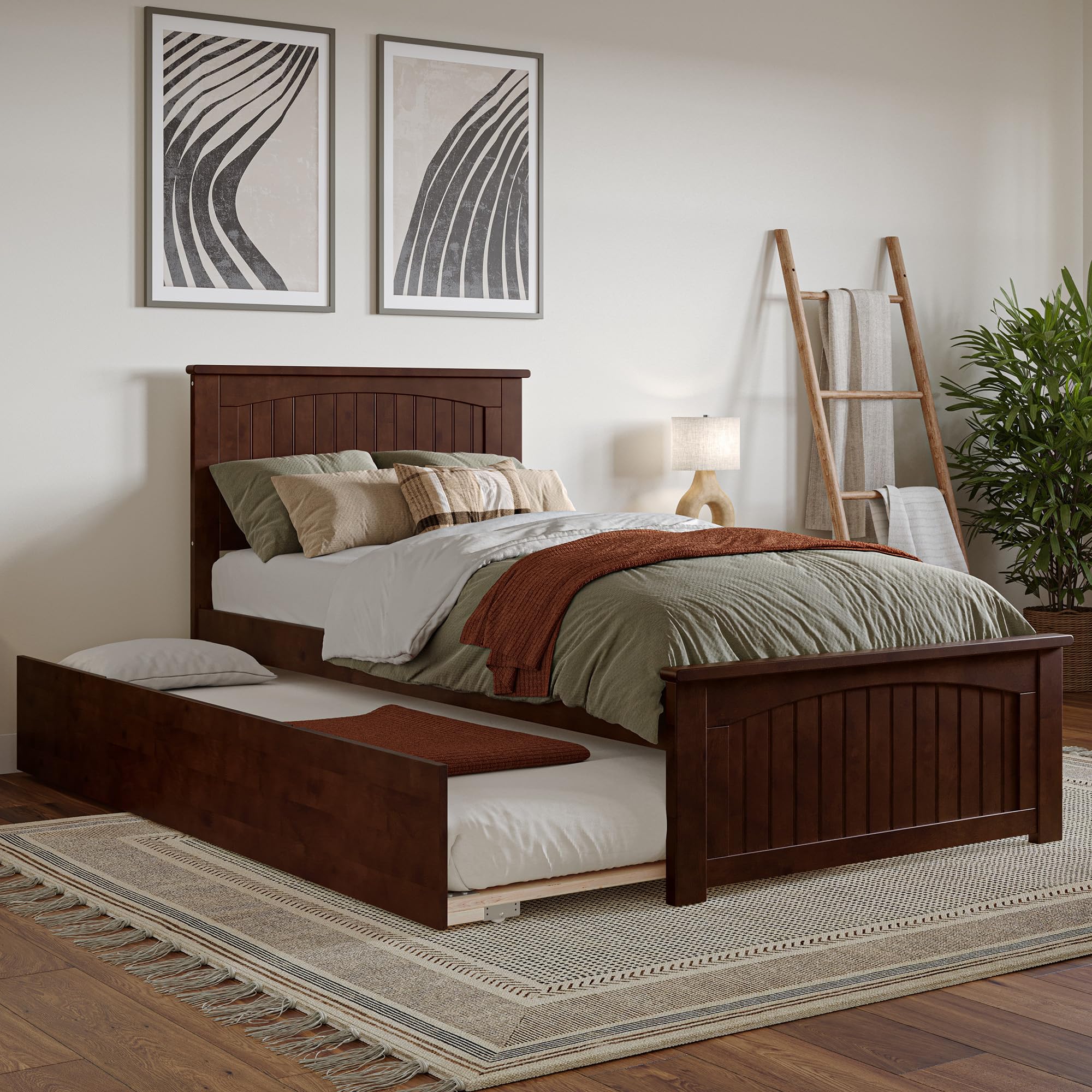 AFI Nantucket Twin XL Solid Wood Platform Bed with Matching Footboard & Twin XL Trundle in Walnut