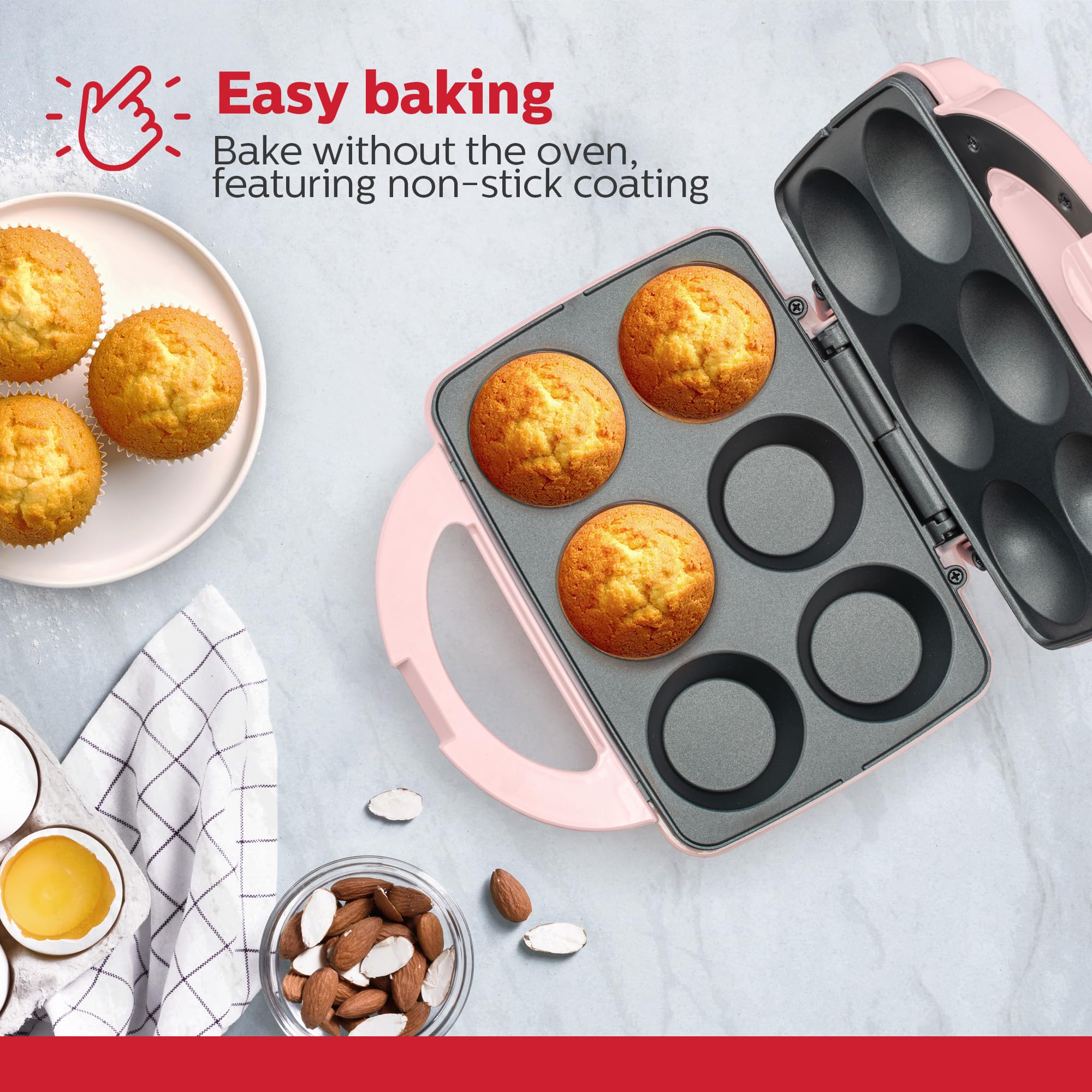 Holstein Housewares 6-pak elektrycznych nieprzywierających różowych maszyn do pieczenia - piecze 6 babeczek, babeczek, kubków do pizzy, bułek cynamonowych - idealne na prezenty, urodziny, święta lub