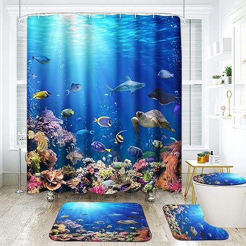 Britimes Juego de 4 cortinas de ducha, coloridos paisajes submarinos con alfombras antideslizantes, cubierta para tapa de inodoro y tapete de baño