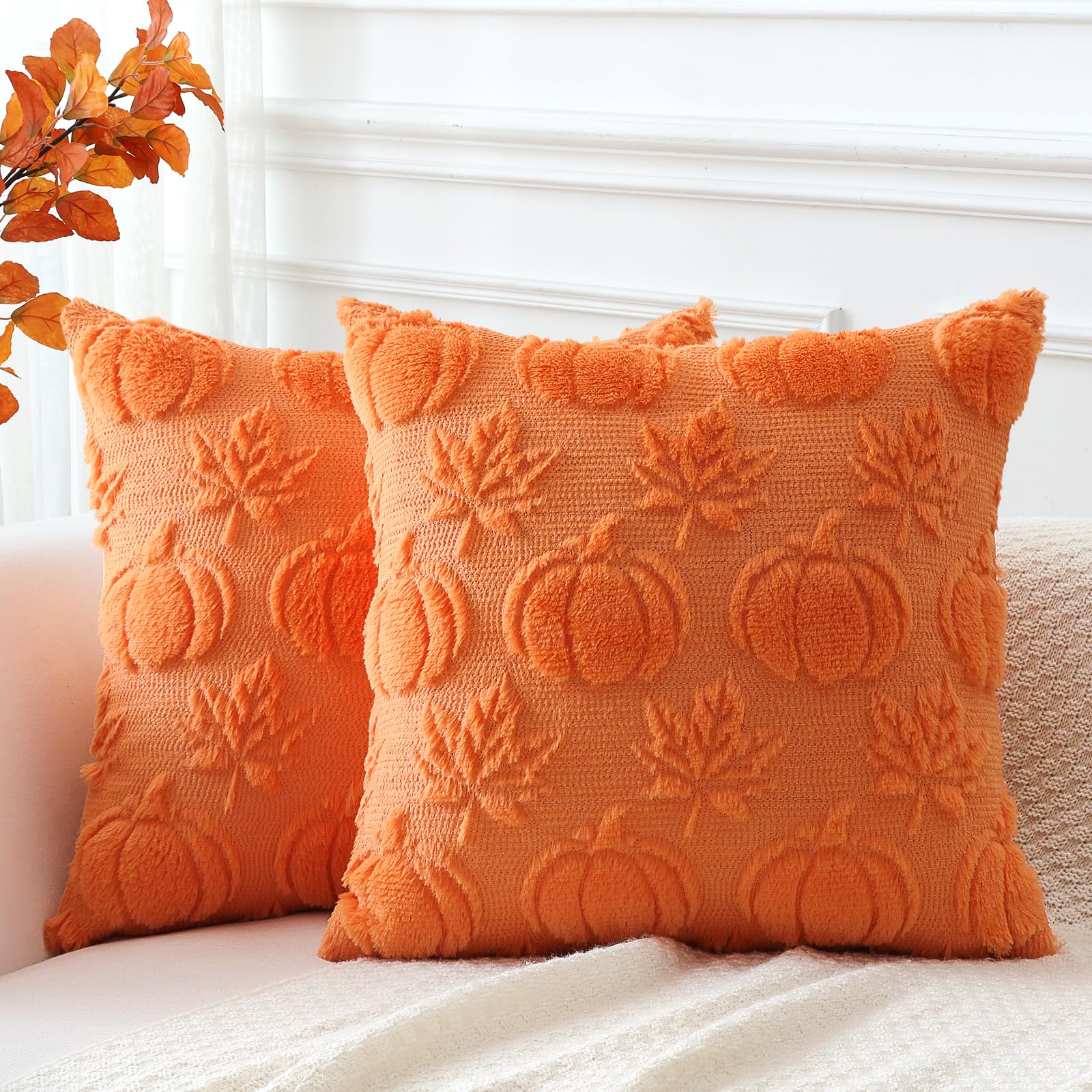 Artscope Fall Cushion Covers Set of 2 Autumn Pumpkin Maple Leaves Throw Pillow Covers for Sofa Couch Bed Living Room Soft Plush Short Wool Velvet Farmhouse Pillowcases for Party 50x50cm Orange — image 1