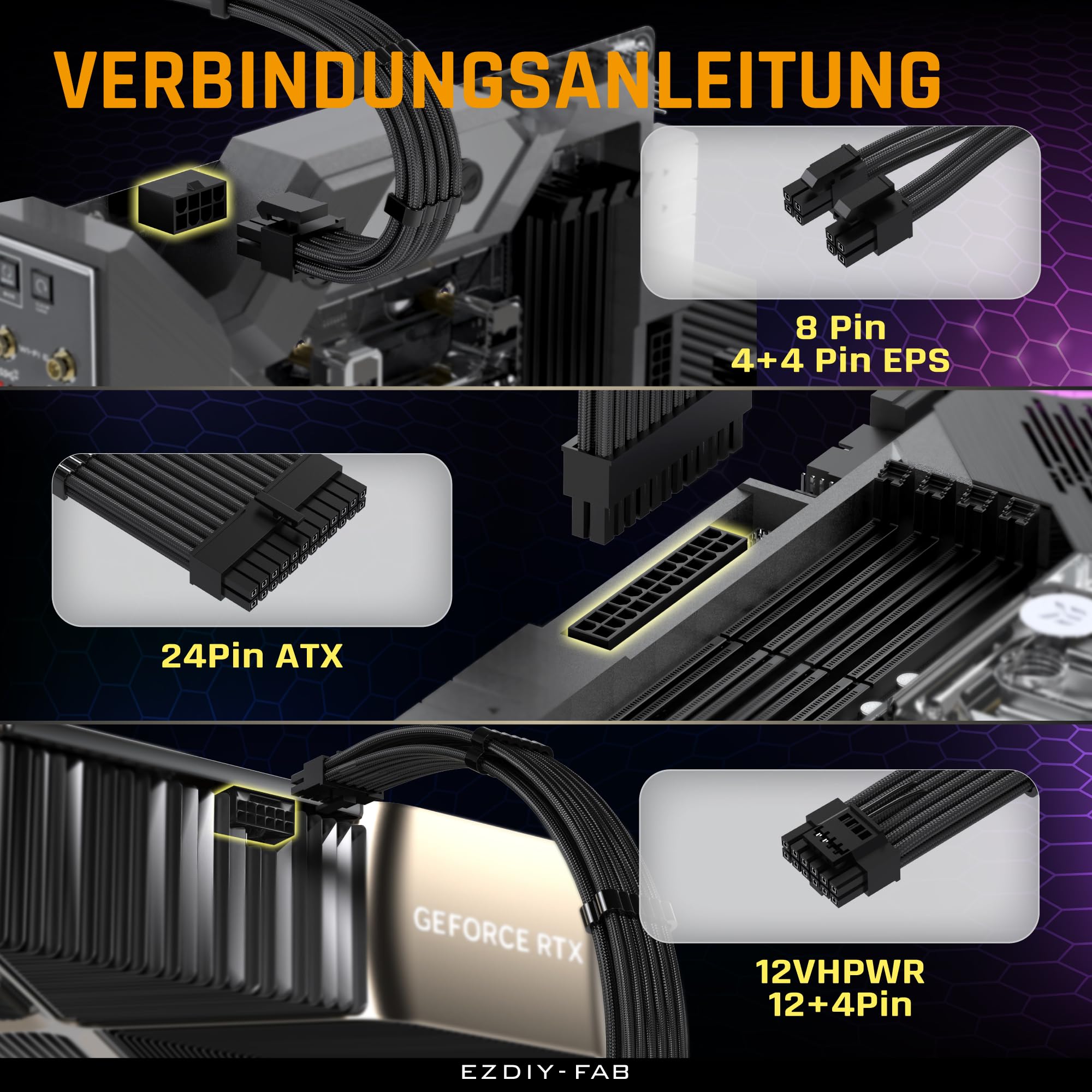 EZDIY-FAB Kit de câble gainé PCIE 5.0 12VHPWR,Extension de câble d'alimentation 16AWG,PC PSU Sleeved Cable,24PIN-ATX/(4+4) PIN-EPS/(12+4) PIN to 4X 8PIN PCIE-RTX4090/4080/4070Ti Câble d'extension-Noir