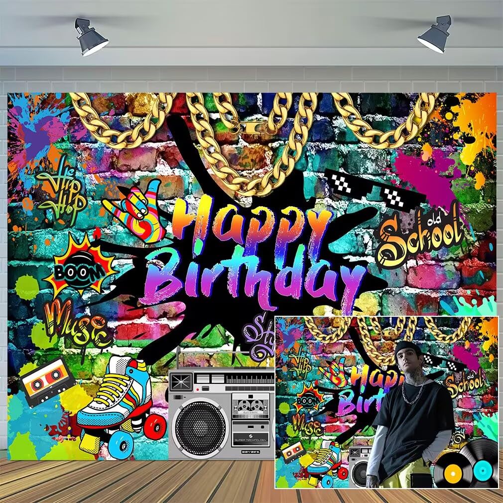 Hip Hop Birthday Backdrop 8 x 6 ft, 80s 90s Theme Graffiti Rock Brick Wall Photo Background Retro Dance Party Party Banner Decoration for Birthday