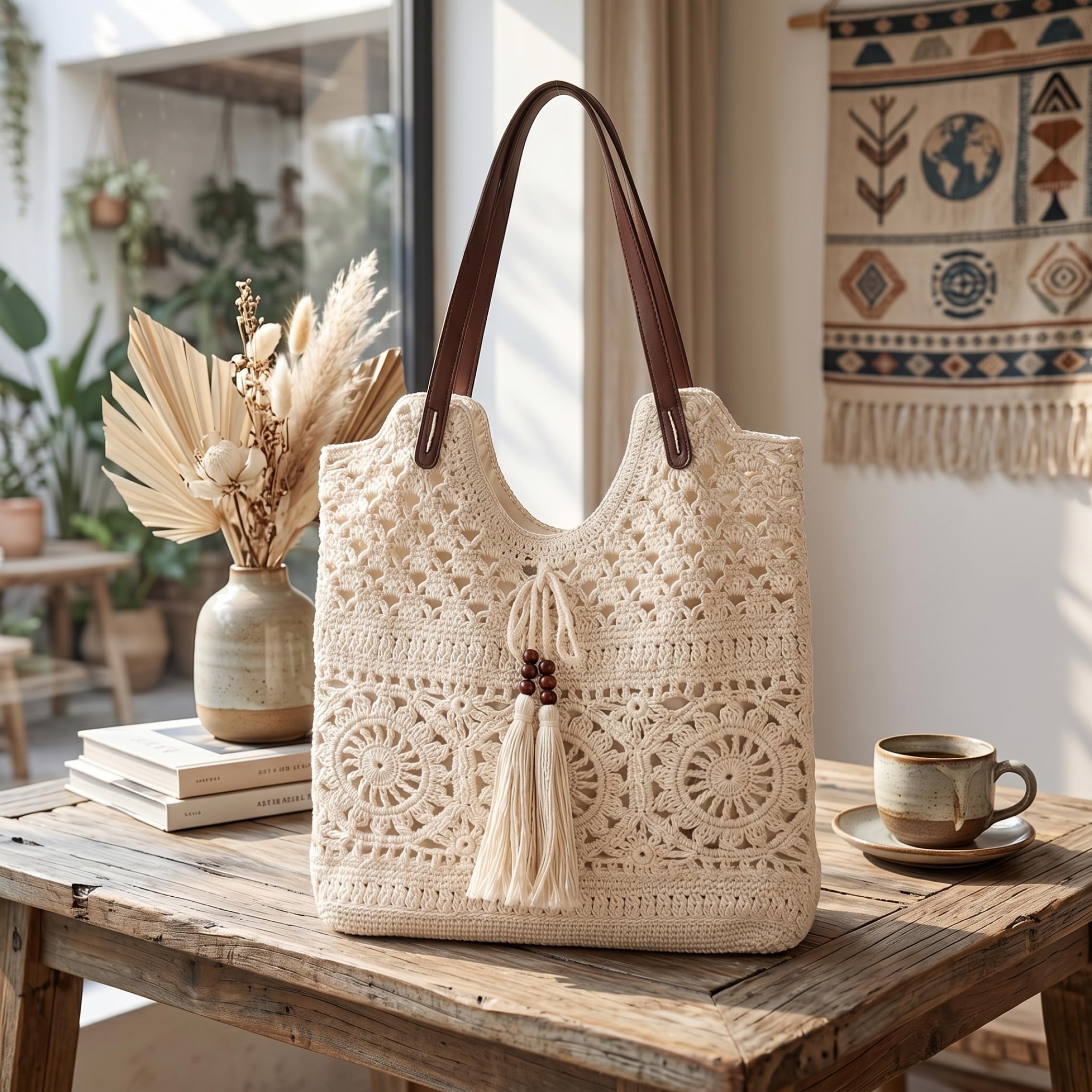 Borsa Tessuta Fatta a Mano all'Uncinetto per Donna, Borsa a Tracolla in Maglia scavata con Nappa, Tessuta in Corda di Cotone, Boho da Spiaggia Estiva
