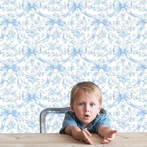 Miniatura 6 de Rollo de papel tapiz floral con lazo azul para despegar y pegar, papel de contacto con flores coquetas, autoadhesivo, decoración de pared para el