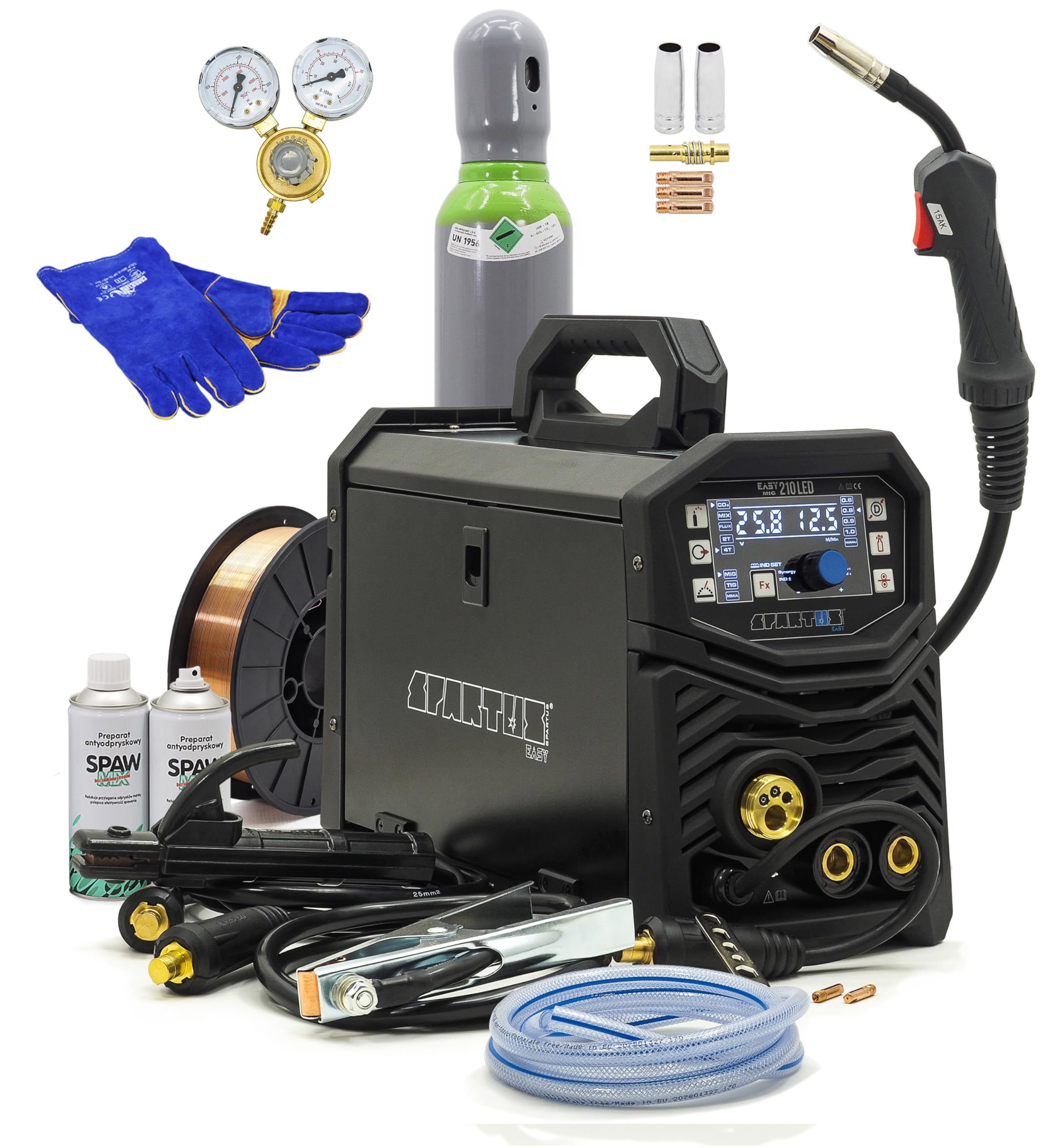 Spartus EasyMIG 210 LED - Equipo de soldadura MIG MAG 200 A – Synergie Inverter 3 en 1 – Alambre de llenado, WIG Lift, MMA, juego completo listo para soldar, 230 V IGBT, inductancia y paquete de