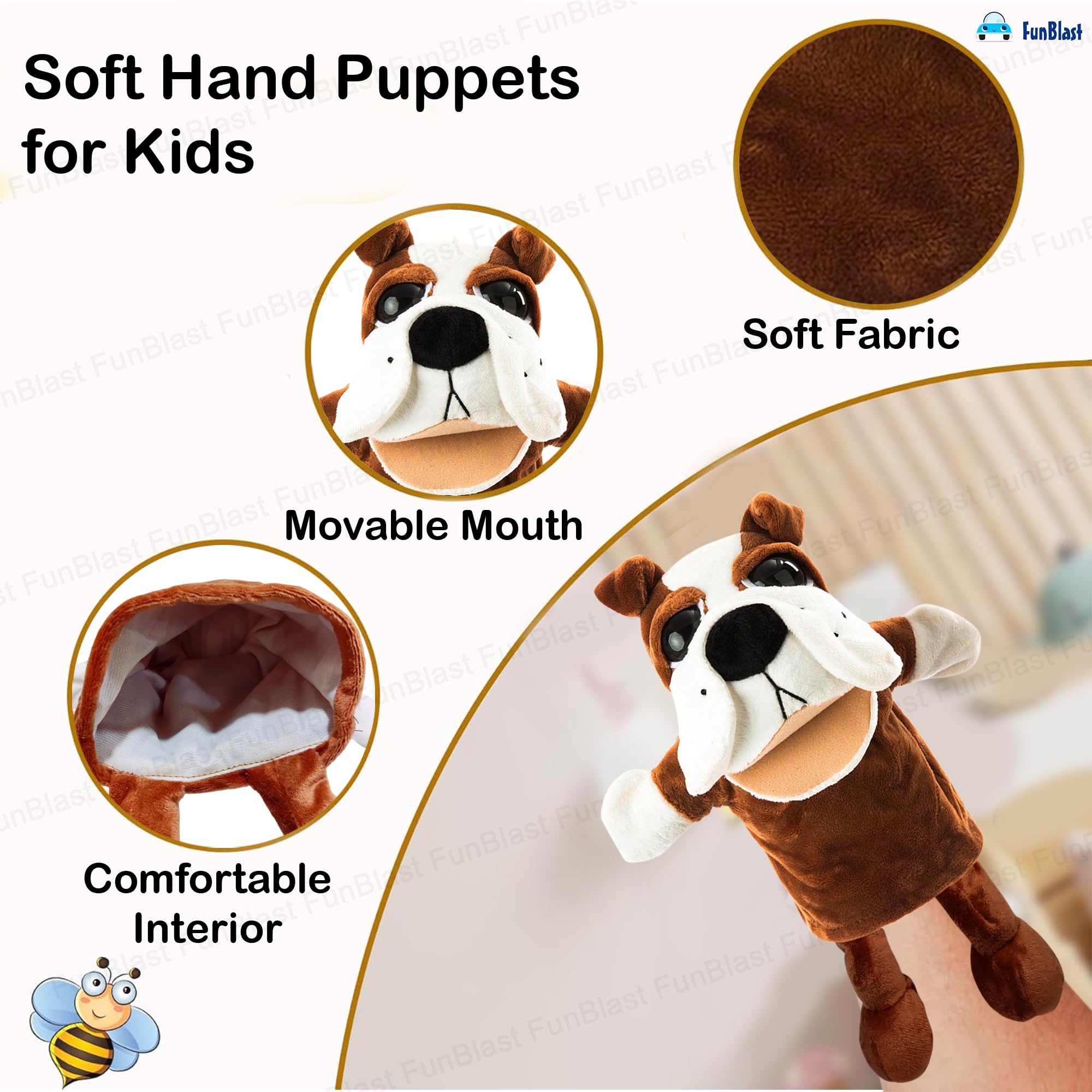 FunBlast Hand Puppets for Kids - Cute Animal Soft & Interactive Plush Puppets for Storytelling, Role Play & Learning Toys, Perfect for Toddlers & Children (Bull Dog) 4