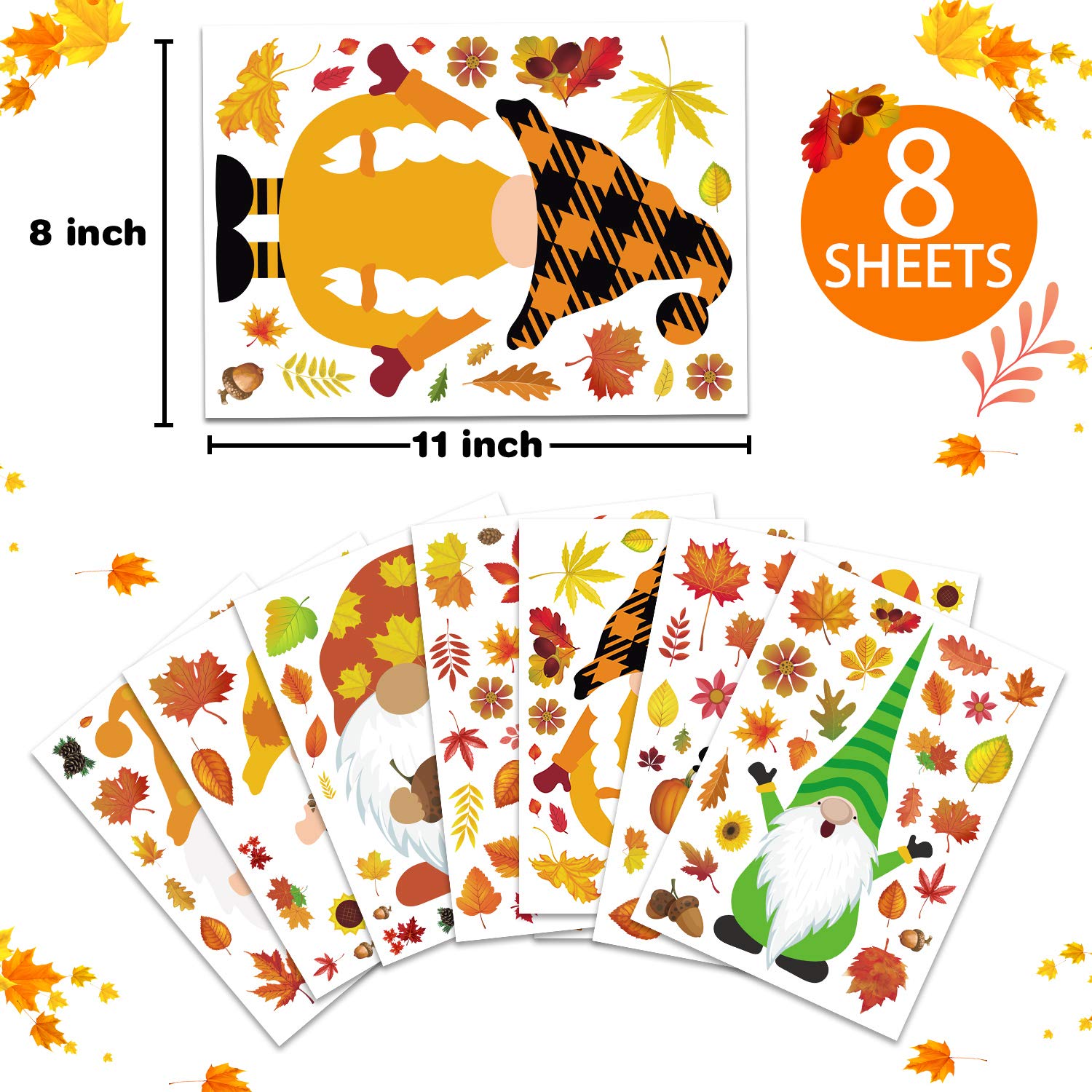 Autocollants Décoratifs Automne/Thanksgiving - Lot De 6 Motifs Nains, Citrouilles, Feuilles - Pour Fenêtres, Miroirs, Décoration Maison