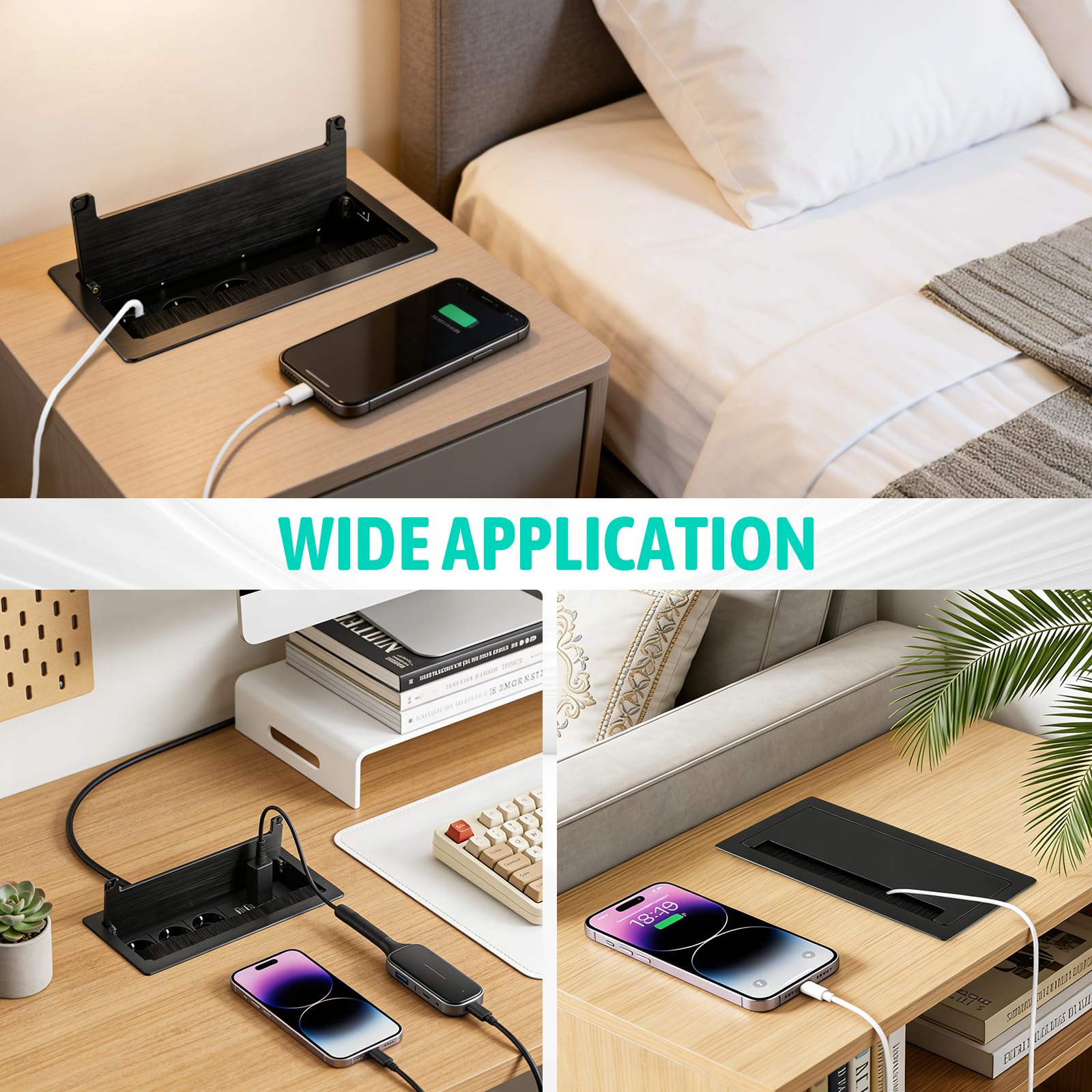 Ciabatta elettrica a scomparsa a 3 scomparti, con 2 USB-C PD 30 W e 2 USB-A, in alluminio, a scomparsa con interruttore, presa da tavolo a scomparsa, 4 USB per piano di lavoro, cavo da 1,8 m