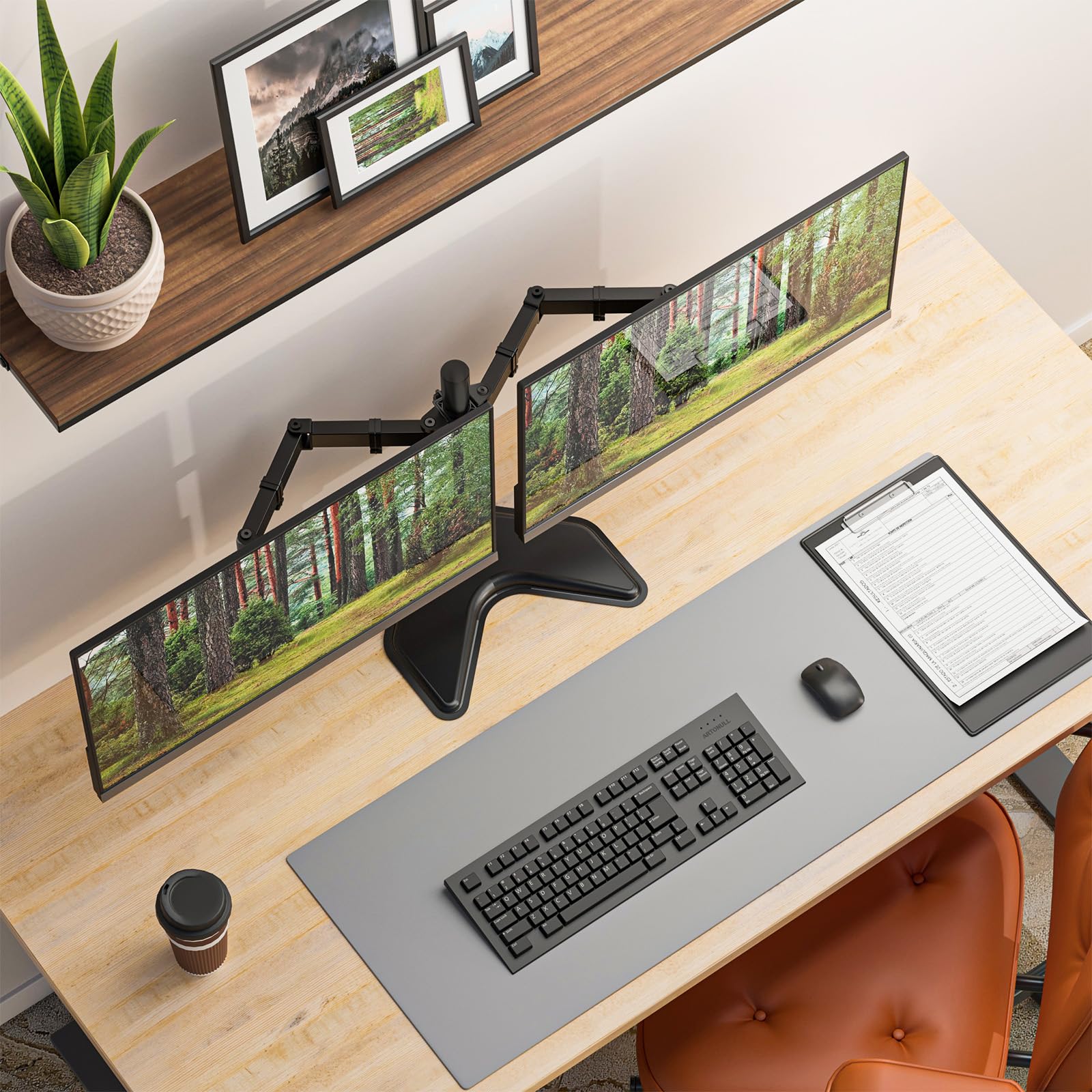 WALI, Doppio supporto da scrivania completamente regolabile per 2 monitor LCD fino a 27", 10 kg di capacità di carico per braccio, con base con occhiello (MF002), nero