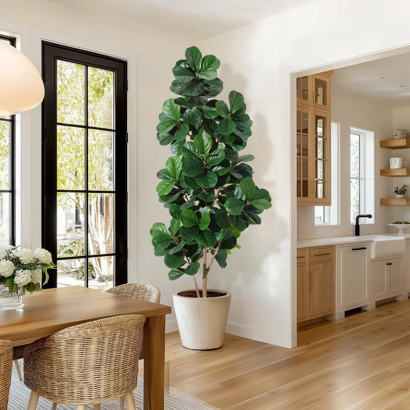 210cm Lifelike Artificial Fiddle Leaf Fig Tree, Realistic Faux Ficus Lyrata Plant with White Pot, Tall Fake Tree for Home Office Living Room Decor