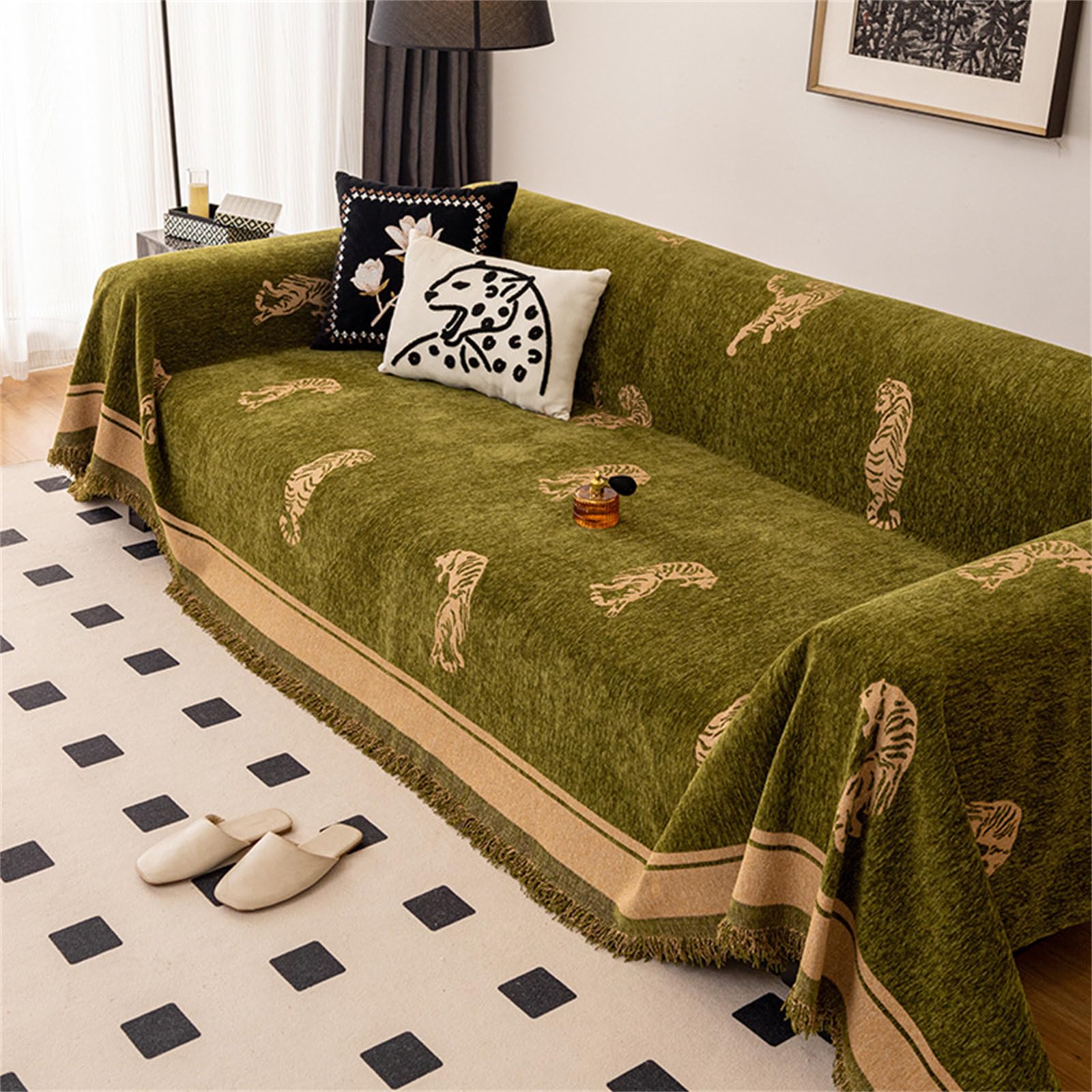 Highdi Telo Copridivano Tigre di Lusso, Copri Divano in Ciniglia con Frange Decorative, Copridivano AntiGraffio Gatto Protezione per Mobili e Divano,Copridivani 3 Posti e 2 Posti (180x300cm,Verde)