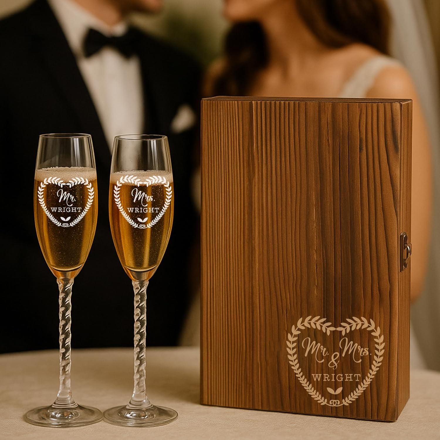 Froolu Mr and Mrs Champagne Flutes Set with Engraved Wooden Box – Elegant Wedding Toasting Glasses – Gift for Bride and Groom, Aniversary Engagement (Glass Only, Design #6)