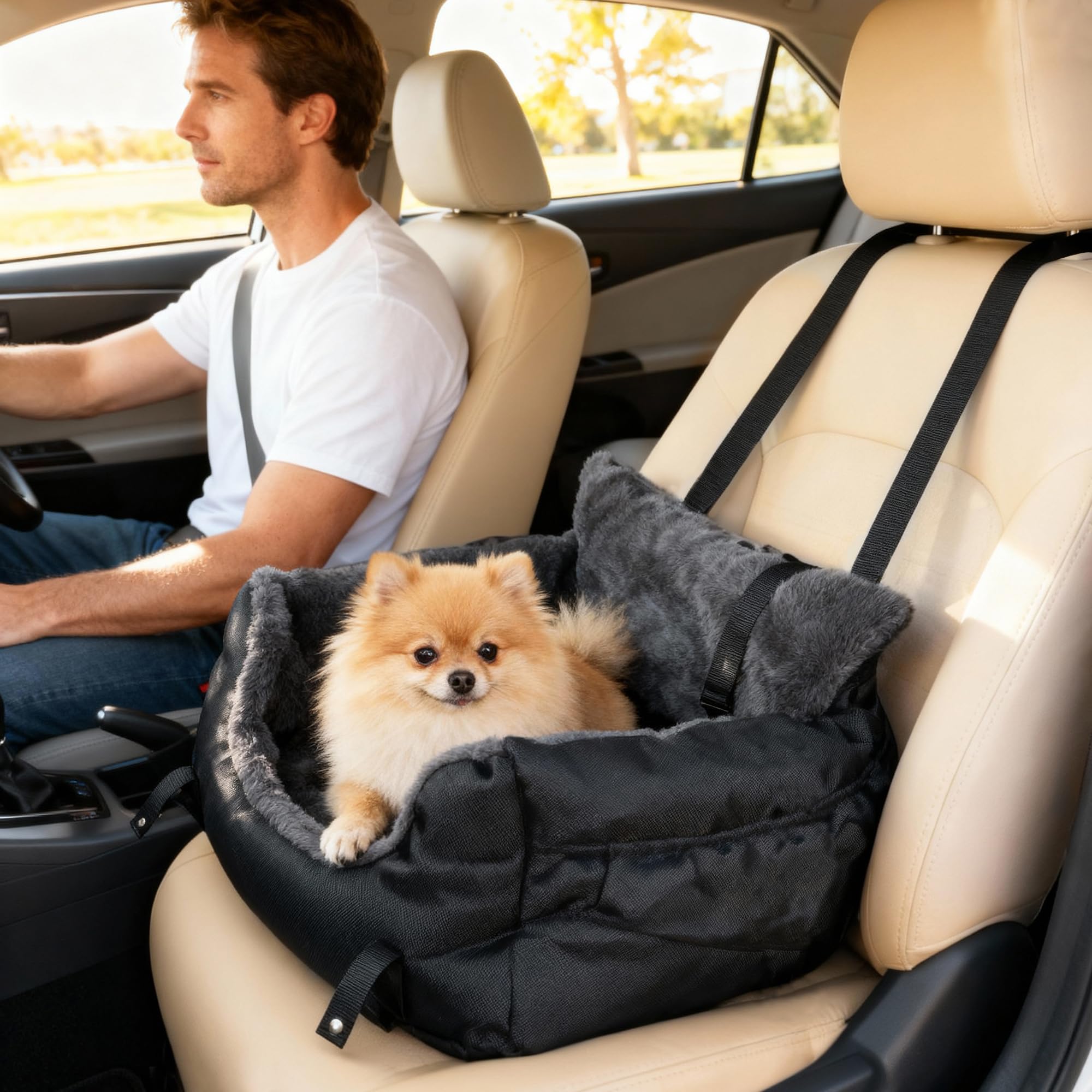 PawHut Dog Car Seat for Small Dogs, Dog Booster Car Seat with Fixed Buckle, Safety Leash, Washable Cover, Thickened Small Pets Travel Carrier Bed, 58 x 45 x 28 cm, Black