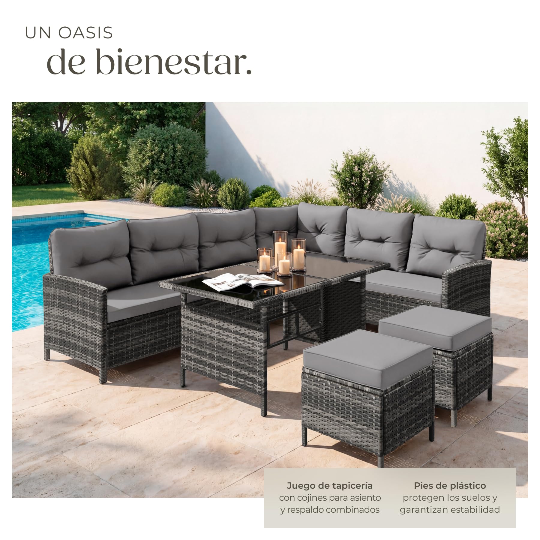 tectake® Conjunto Jardín de Ratán Mesa y Cojines, Conjunto Terraza Resistente a la Intemperie, Muebles Jardín Exterior 5 Piezas, Sofá de Esquina, 2 Taburetes y 1 Mesa - Gris/Beige