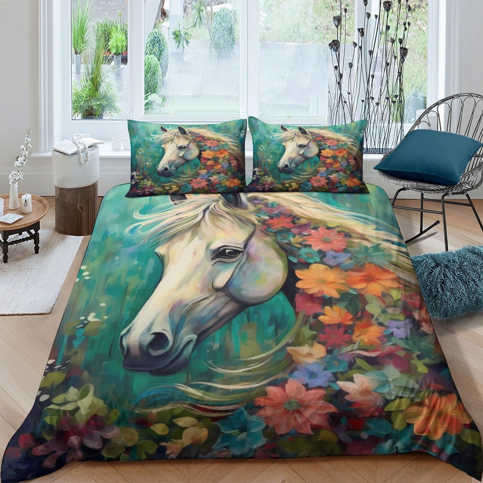 Housses de couettes chevaux 3D microfibre King 220x240cm avec taies d'oreiller