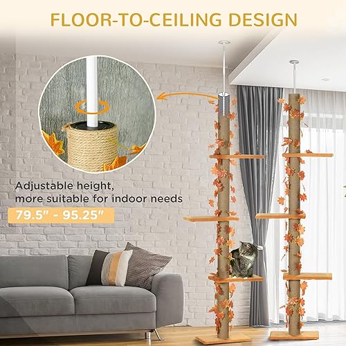 Miniatura 4 de Pawhut Árbol para gatos de piso a techo, torre para gatos de altura ajustable de 80 a 95 pulgadas, torre de escalada para gatos de 3 niveles para