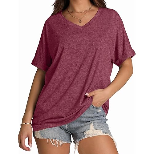 WIHOLL Womens Oversized Tshirts Summer Tops 2025 Short Sleeve V Neck Shirts Outfits Plus Size Clothes