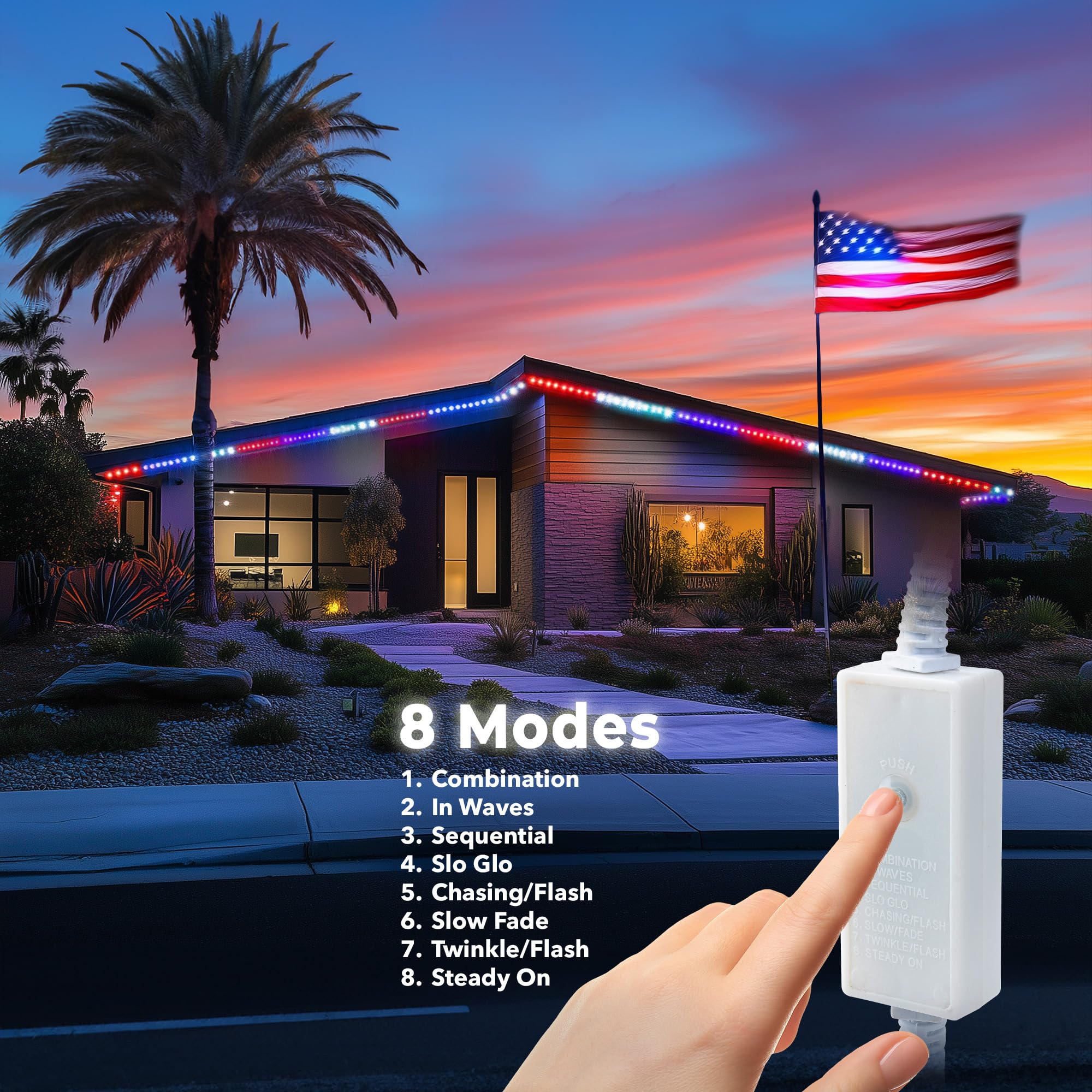 West Ivory 76LEDs, 10ft USA American Red White Blue, Outside LED Rope Light, 8 Modes, Connectable Outdoor Permanent Waterproof Accent Exterior Lighting, PVC Case, Backyard Patio, Garden, Decorative