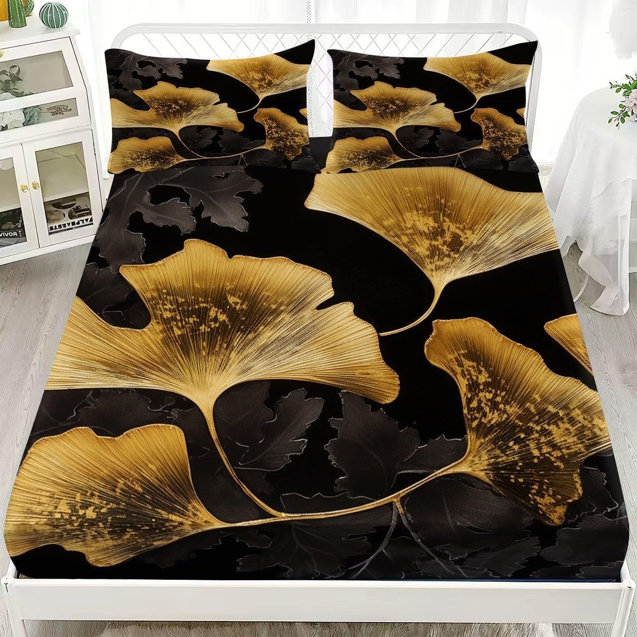 Ginkgo Leaves Fitted Sheet Gold Bed Sheets Deep Pocket 12 inch (30 cm) Soft Cozy 3 Piece Microfibre Bed Sheet 200x200 cm with 2 Pillowcases 50x75 cm