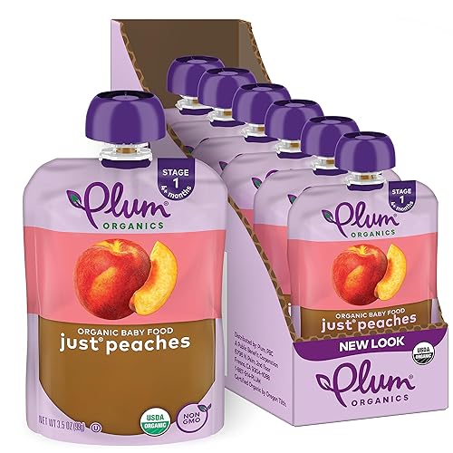 Plum Organics Etapa 1 Comidas orgánicas para bebés más de 4 meses Puré de melocotón Bolsa de 3.5 onzas (paquete de 6)