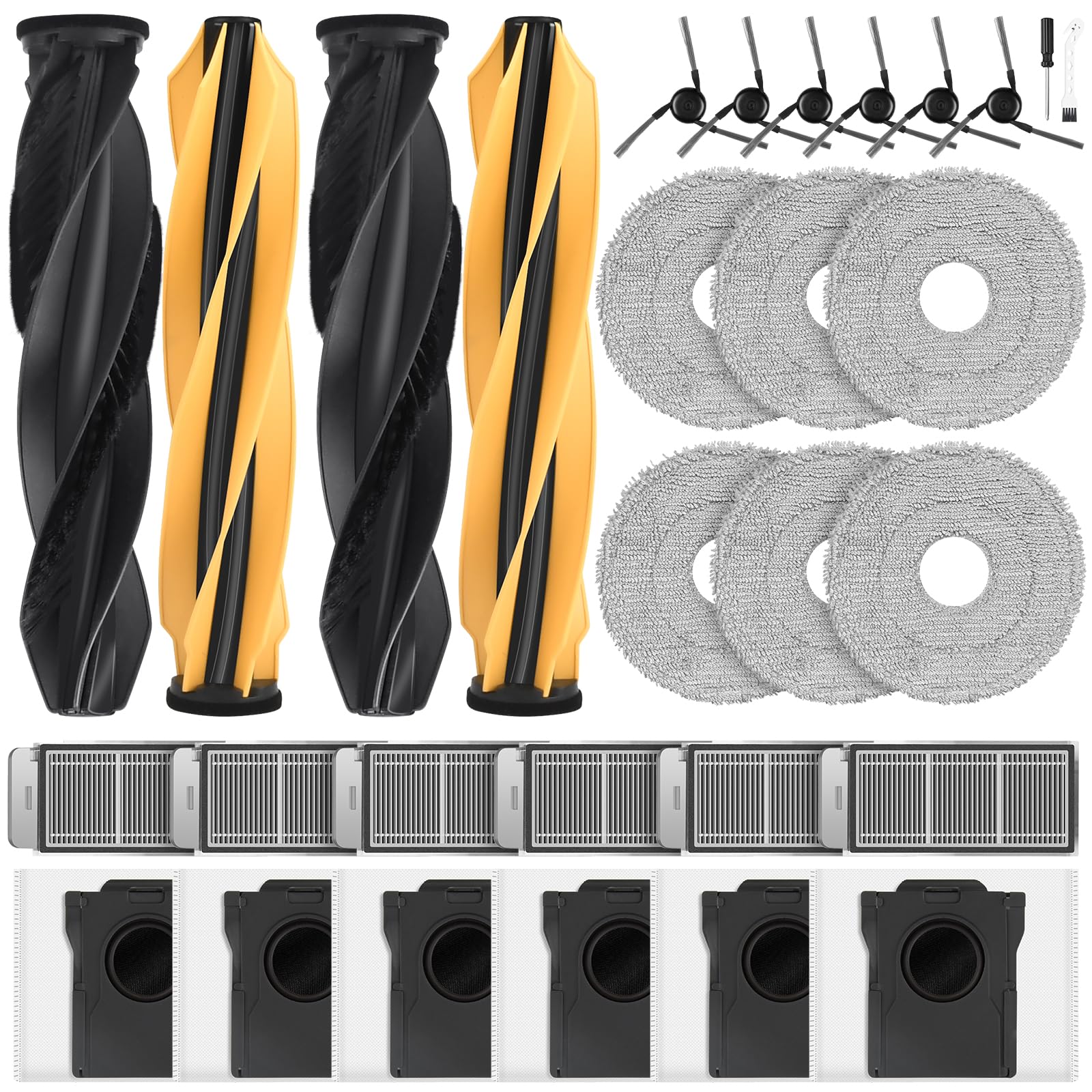 30 Stück Zubehör für Dreame X50 Ultra Complete/L50 Pro Ultra/L40s Pro Ultra/Mova V50 Ultra Complete/Matrix10 Ultra Saugroboter | 4 Hauptbürste, 6 Staubbeutel, 6 Filter, 6 Wischpads, 6 Seitenbürsten