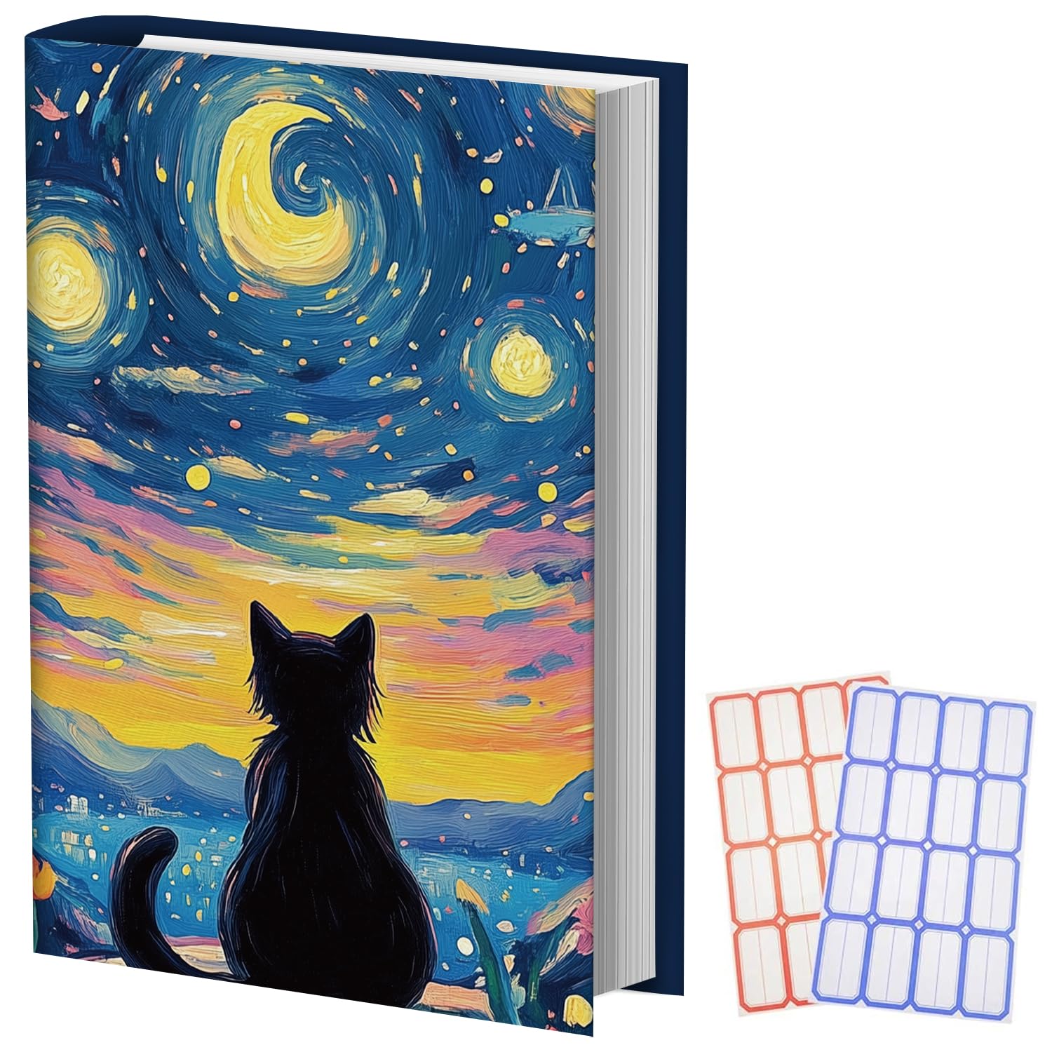 Anseal 1 Pack Starry Night Black Cat Stretchable Book Sleeve Cover for Paperbacks Hardcovers Textbooks up to 9” x 12”, Washable Reusable Book Protector with 2 Labels