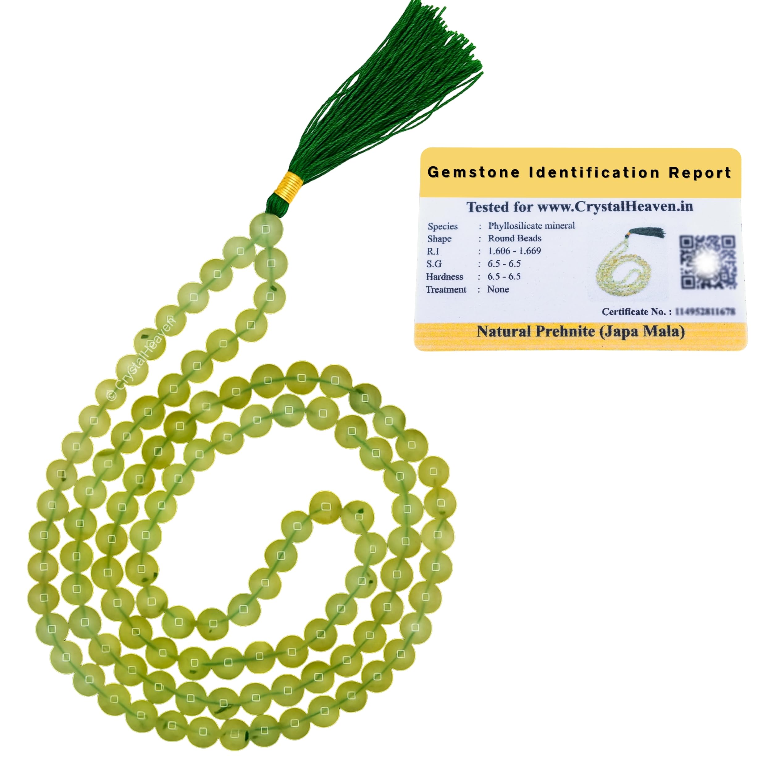 Crystal Heaven Certified Prehnite Green Japa Mala Saadi - 108 Beads Buddhist Prayer Beads - Aaa Grade Original Healing Gemstone Agate Mala For Yoga Meditation Spiritual Reiki Feng Shui
