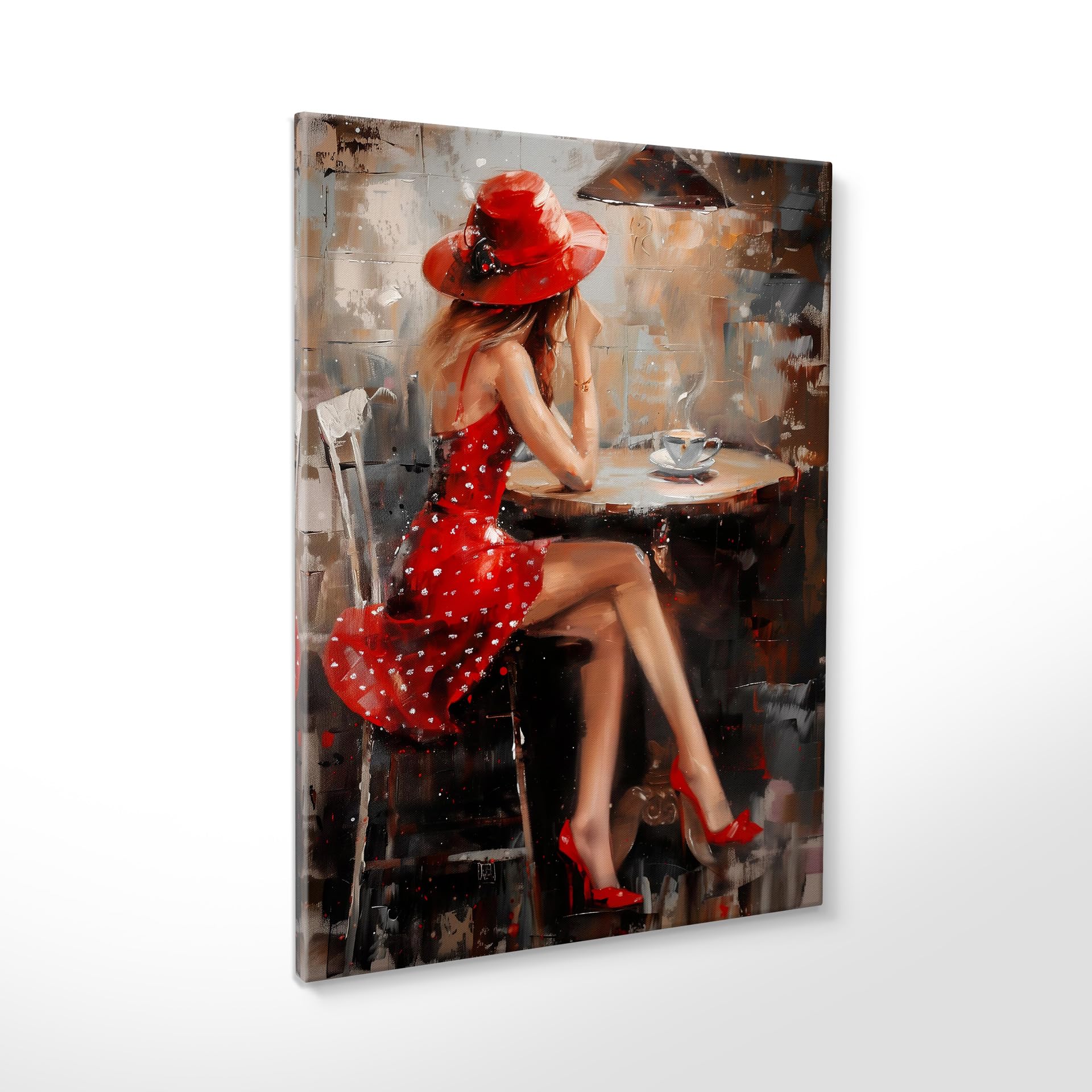 STYLER Tableau sur toile Desiree 60 x 80 cm prêt à accrocher – portrait féminin abstrait noir blanc avec touches rouges – décoration murale élégante