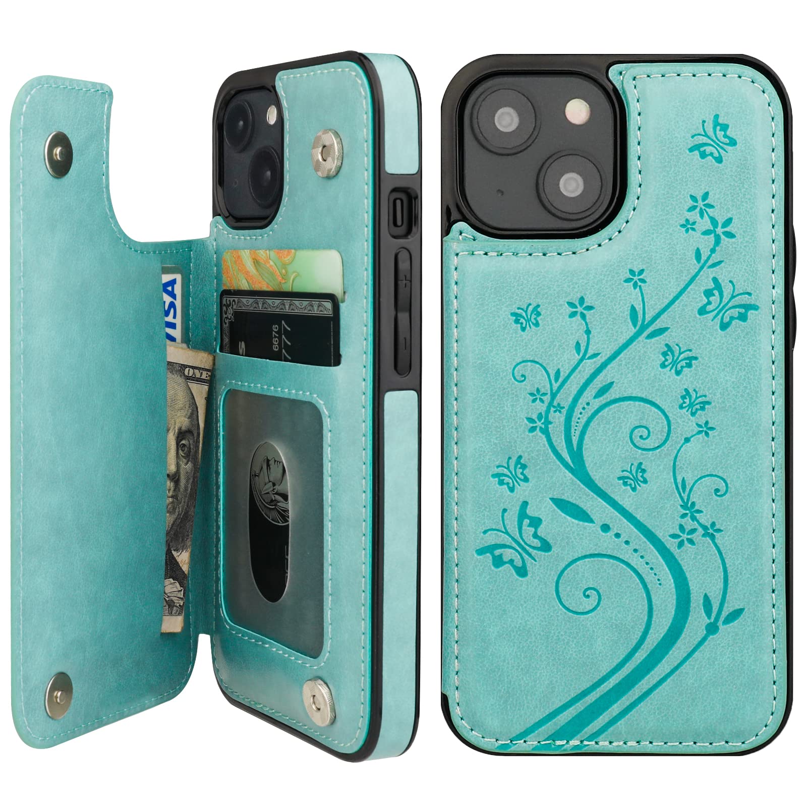 Vaburs Compatible with iPhone 14 Case Wallet with Card Holder,Embossed Butterfly Pattern PU Leather Double Buttons Flip Protective Shockproof Cover for Magnetic Car Mount 6.1 Inch (Green)