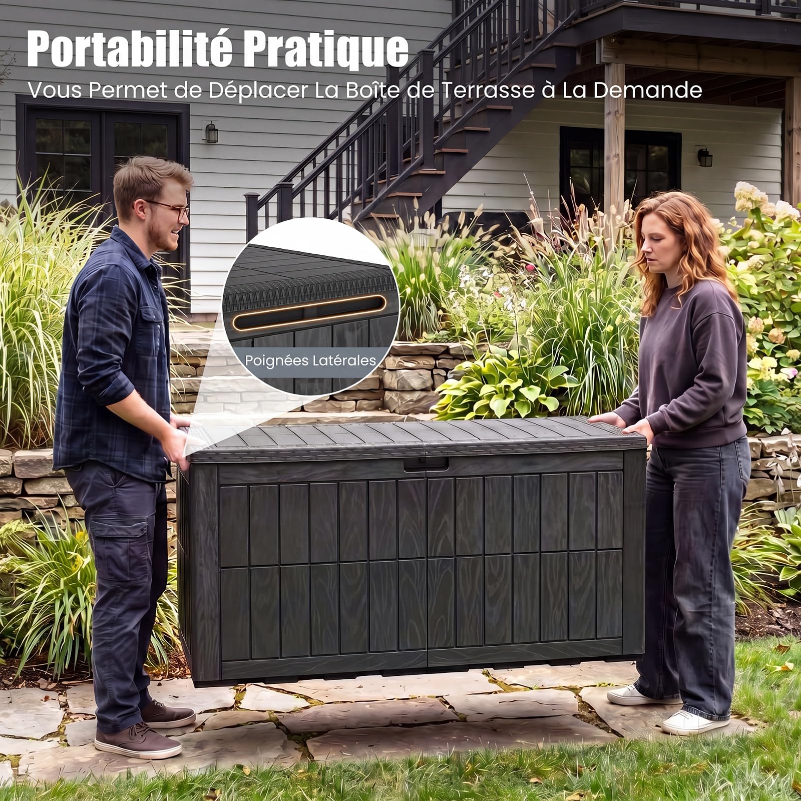 COSTWAY Coffre de Rangement Exterieur en PP 523L, Grand Conteneur de Jardin avec Couvercle Poignée Intégrée Verrouillable, pour 3 Personnes pour Terrasse Balcon, Charge 245 kg (Noir)