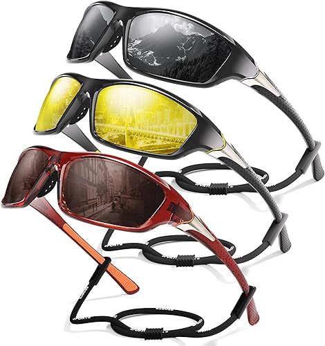 Miniatura 44 de Paquete de 3 lentes de sol deportivos polarizados para hombres, gafas de sol masculinas envolventes con protección UV para ciclismo, pesca y