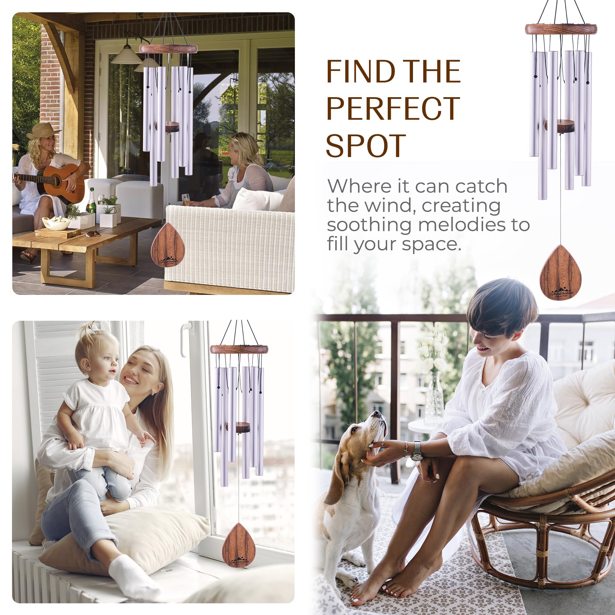UpBlend Windspiel für draußen Geschenk – Tiefes Klang-Windspiel mit dekorativem Stein – Veranda- und Terrassendekoration, Elegantes Outdoor-Ornament, Gartengeschenke. 71,1 cm, Silber
