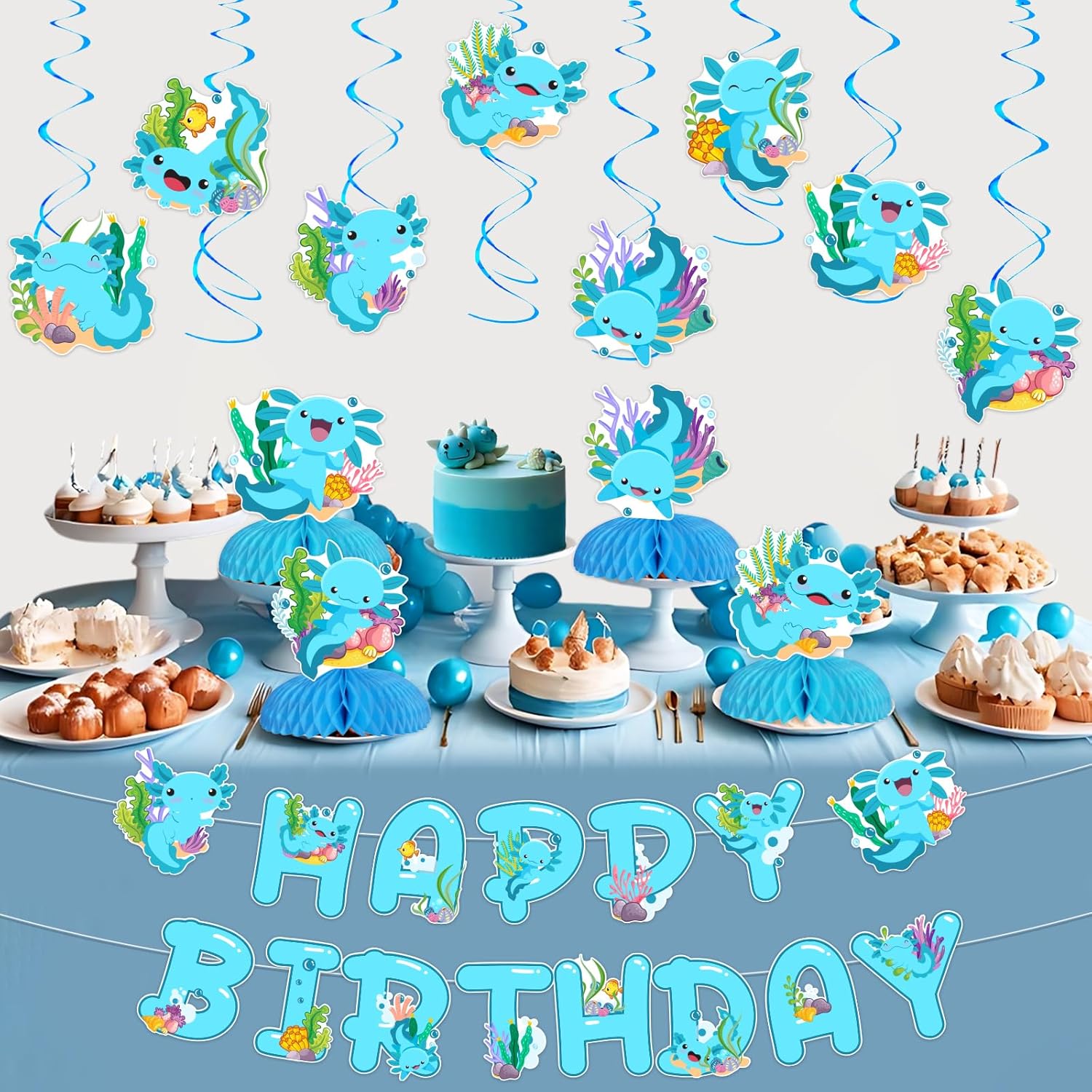 Axolotl Birthday Party Decorations Cartoon Axolotl Happy Birthday Banners Cute Axolotl Birthdays Hanging Swirls Blue Axolotls Table Honeycomb Centerpieces for Boys Girls Kids Party Decor Supplies