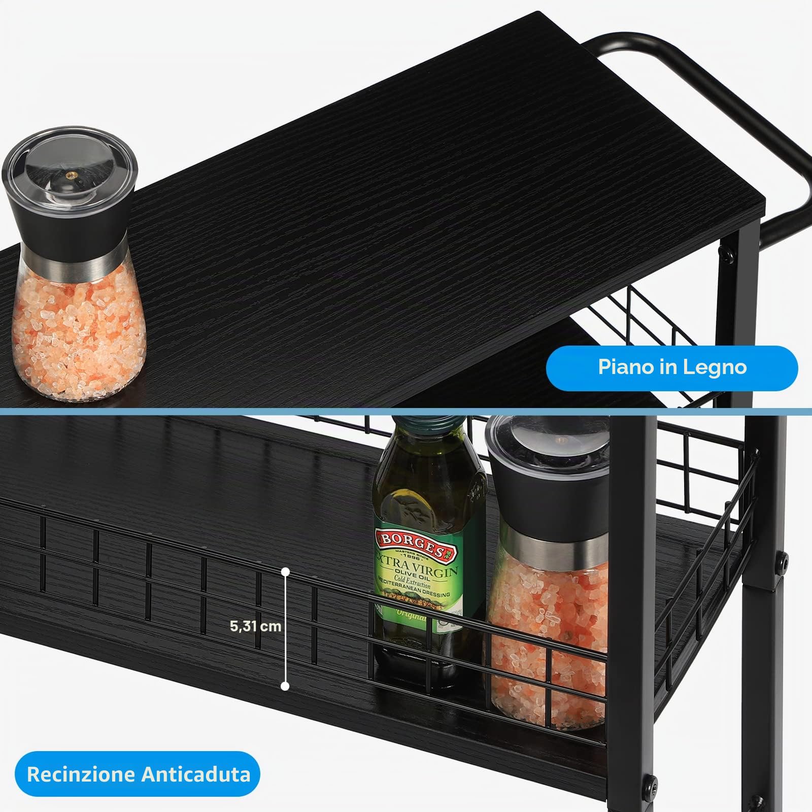 YBING Carrello portaoggetti sottile da cucina con ruote, 4 ripiani, mobile con manico in legno e metallo, scaffale estraibile, per cucina, soggiorno, piccoli spazi, nero