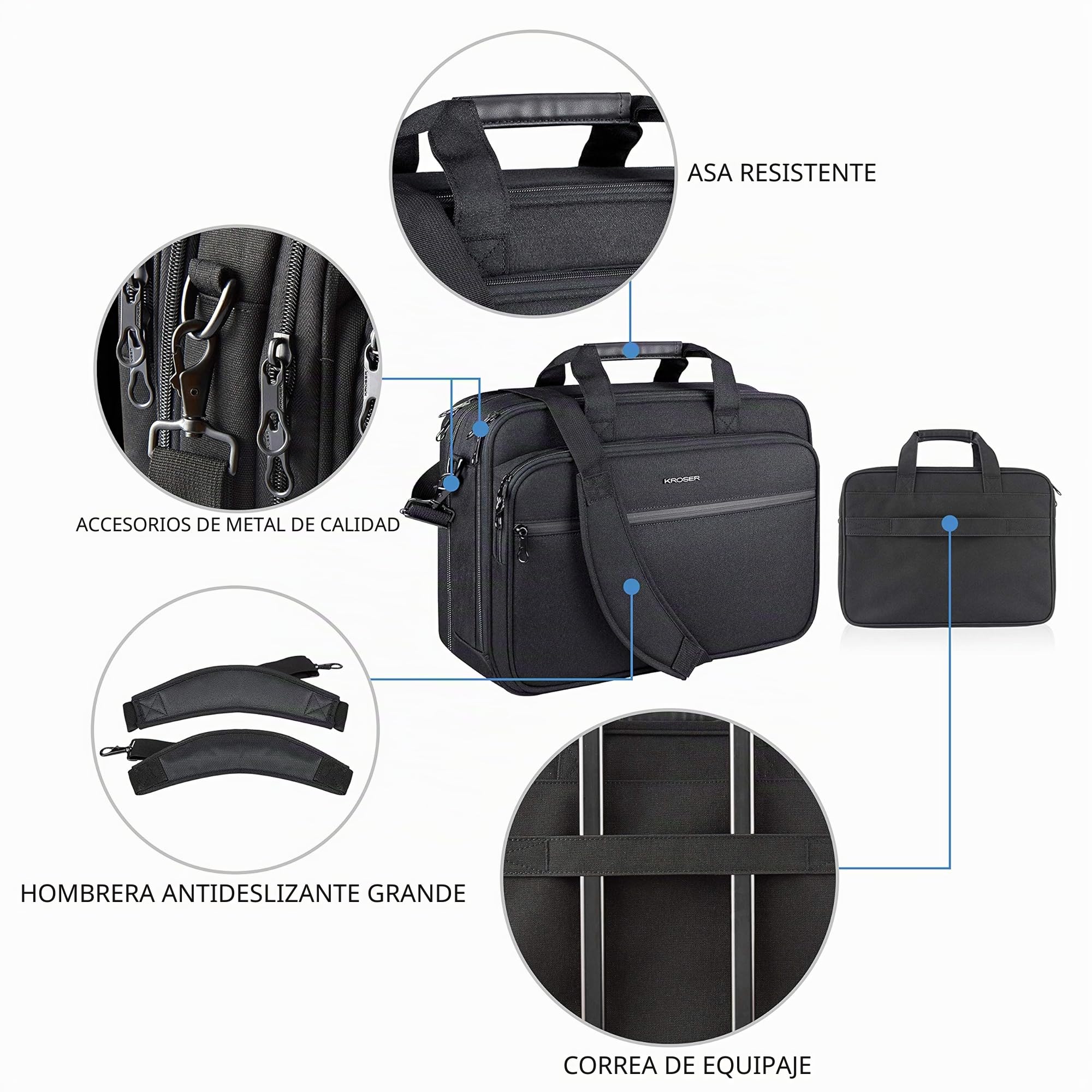 KROSER Bandolera para Portátil Maletín para Portátil Hidrófugo Peso Ligero Bolso de Mensajero para Portátil Bolsa de Ordenador para Viajes/Negocios/Escuela/Hombres/Mujeres